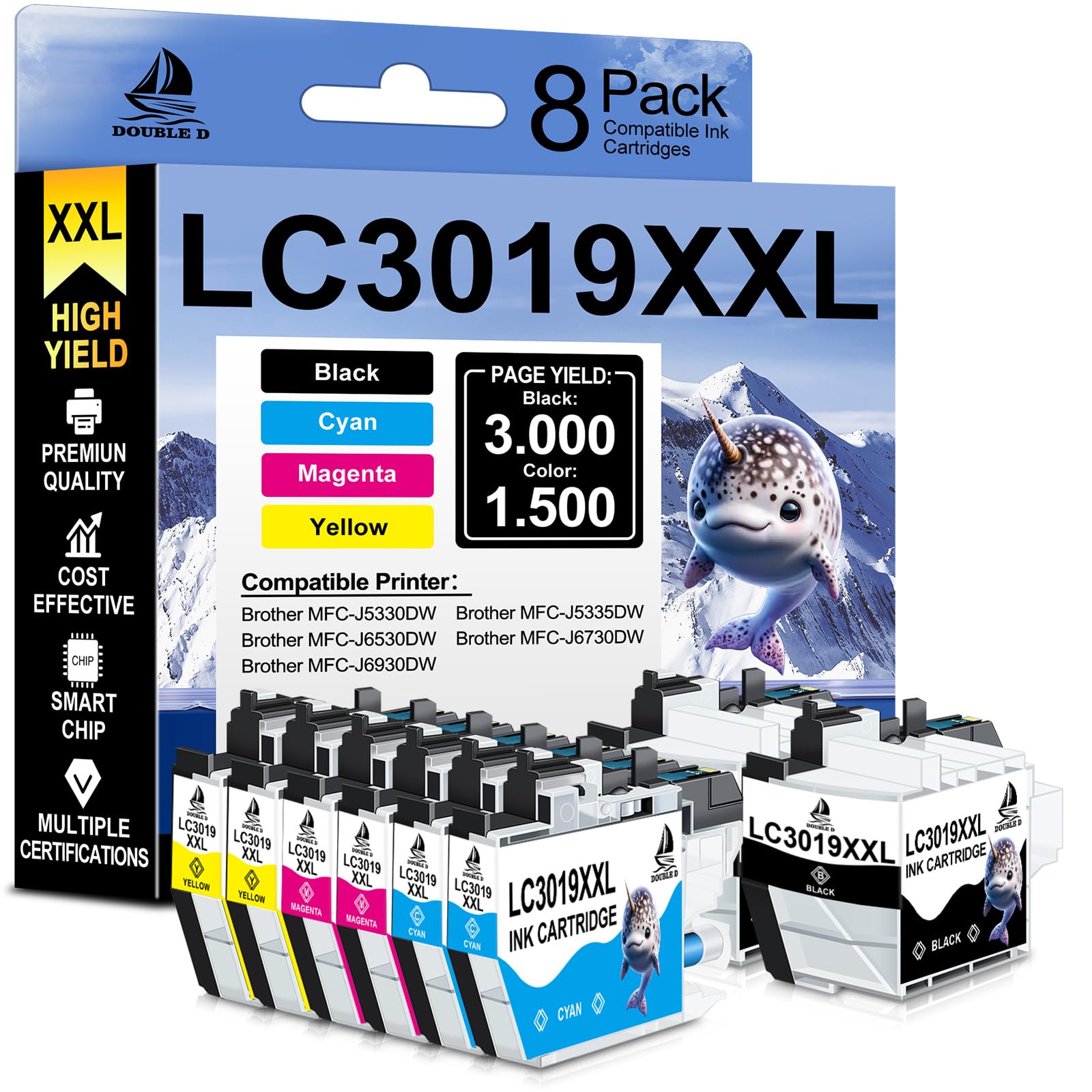 DOUBLE D LC3019 XXL Ricambio compatibile per Brother LC3019 LC3019XXL Cartucce d'inchiostro ad altissima resa per Brother MFC-J6930DW MFC-J6530DW MFC-J5330DW MFC-J6730DW (2BK,2C,2M,2Y), confezione da 8
