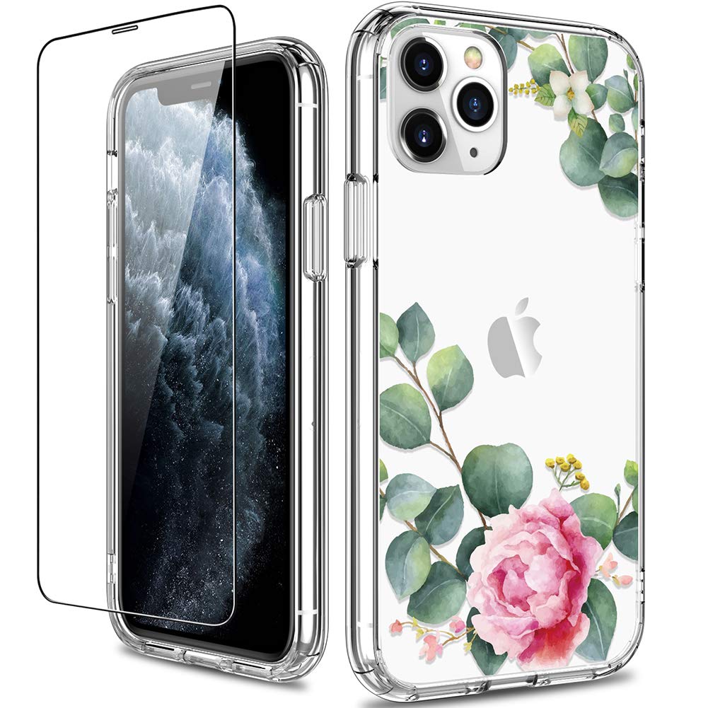 GiiKa for iPhone 11 Pro Max Case with Screen Protector, Clear Protective Case Floral Girls Women Shockproof Hard PC Case with Slim TPU Bumper Cover Phone Case for iPhone 11 Pro Max, Camellia