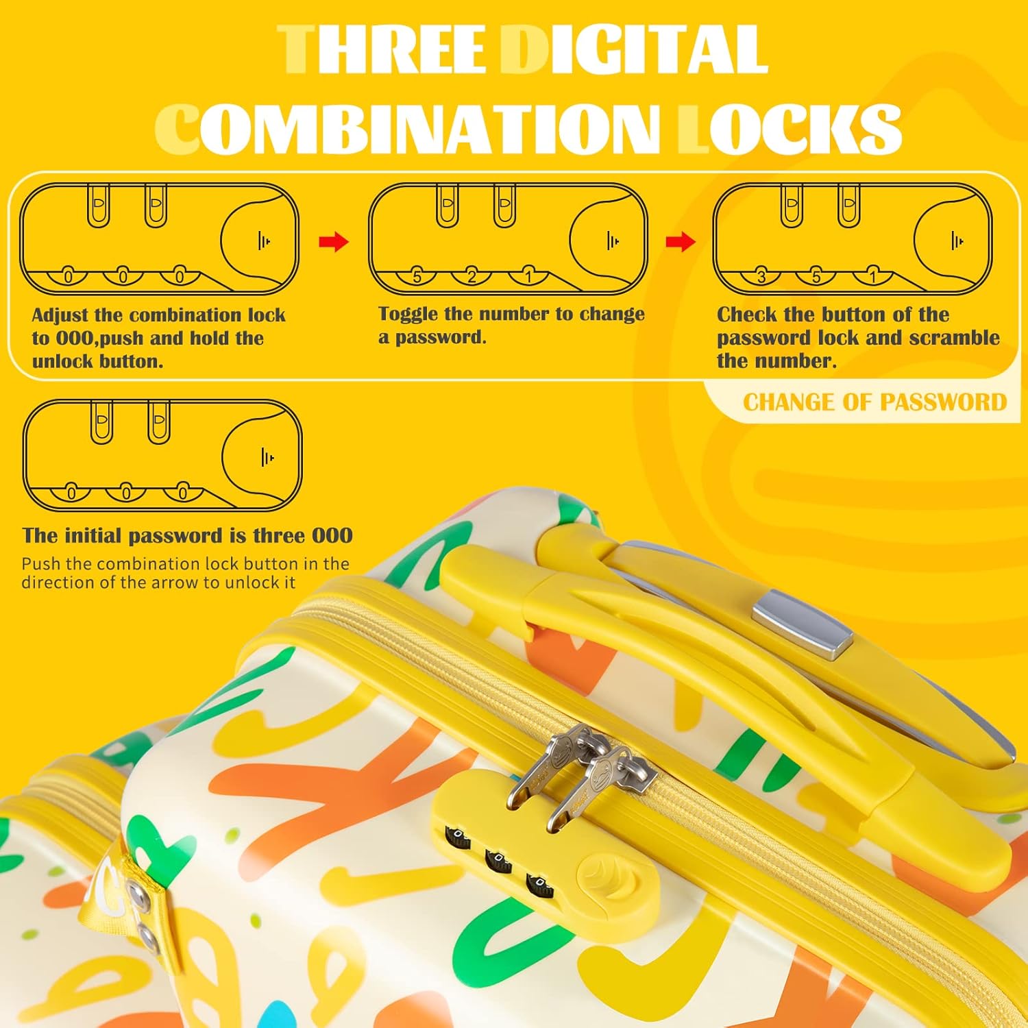 eing Children's Ride-On Travel Suitcase,Travel Rolling Kid's Luggage with Wheels Carry Trolley Luggages with Password Lock,Cute Funny Children's Ride On Trolley Tool,24 Inch (Yellow Letter)