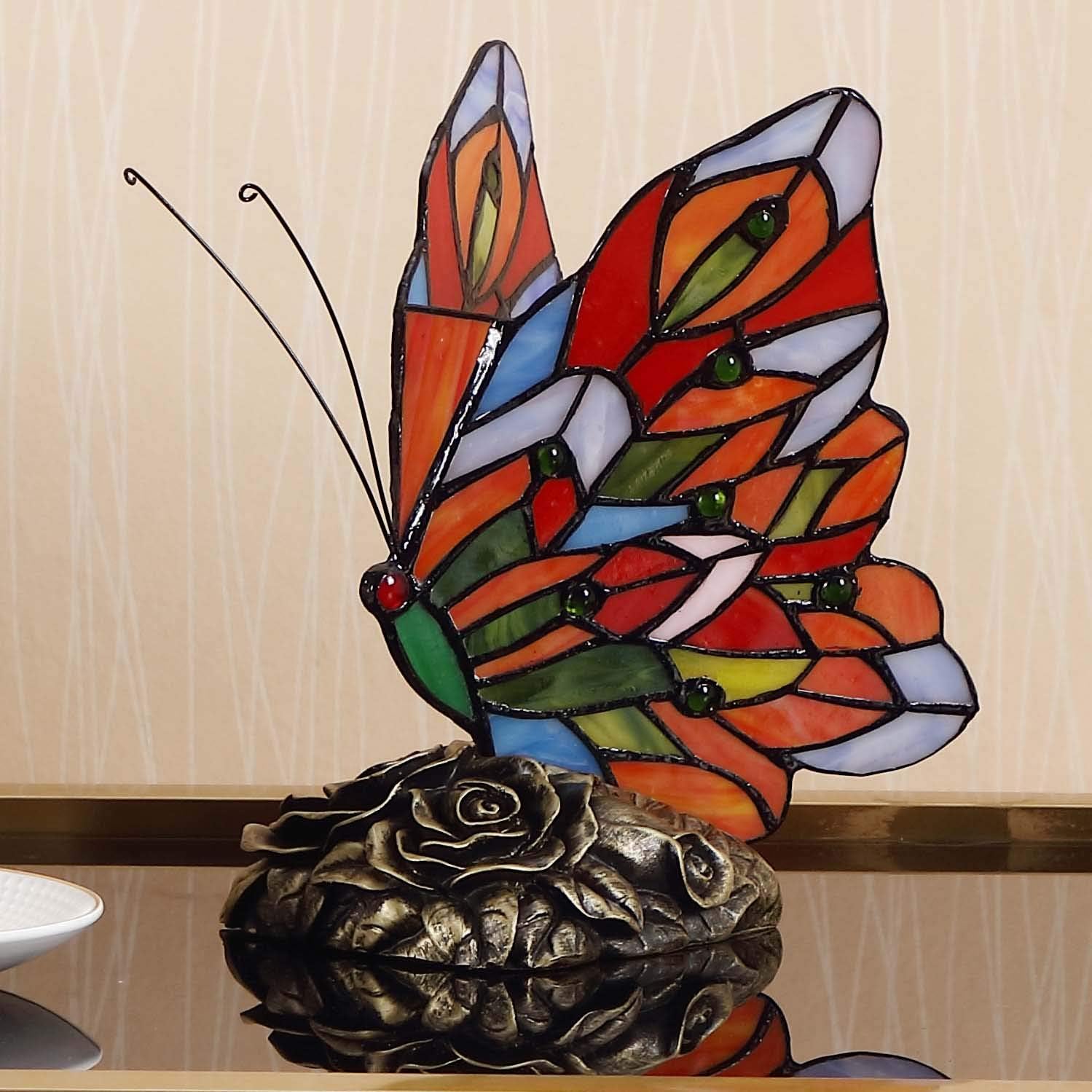 Bieye L10043 Butterfly Tiffany Style Stained Glass Accent Table Lamp (Multi-Colored F)