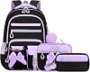 Amythe School Backpack Girls 3-Piece School Bag Kawaii 3rd to 7th Class with Lunch Bag Pencil Case Gymnasium Bow Tie Decoration with Anti-Theft Bag 24L Purple Black
