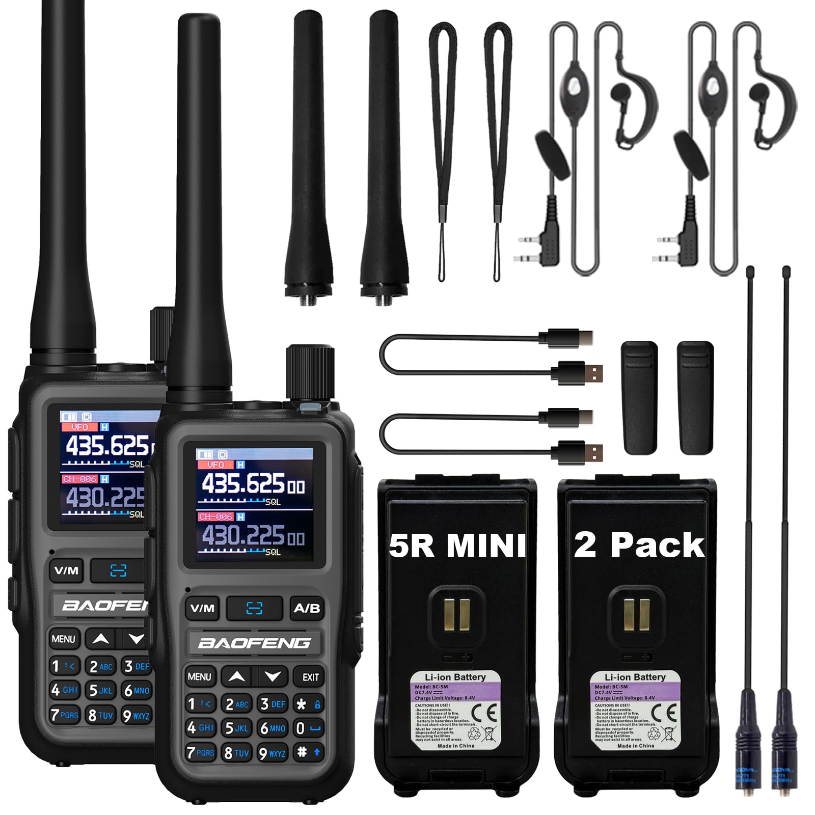BAOFENG UV-5R Mini Two Way Radio BF-5R Mini Walkie Talkie Wireless Power Adjustable Tiny Size Frequency Copy 999 Channels Type-C Four Colors Portable Ham with 771 Antenna and Headset（2 Pack） (Grey)