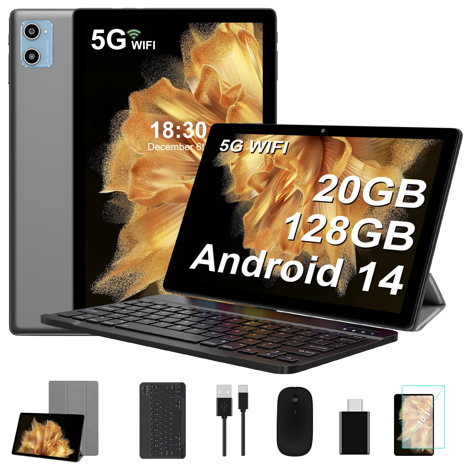 SUAAT Newest Tablet Android 14 10 Pollici 20GB RAM+128GB ROM(1TB TF), Octa-Core 1.8Ghz, WiFi 6,Bluetooth 5.0, 6000mAh, GMS, 8MP + 5MP, OTG, Cast, Tablet PC con Custodia, Tastiera e Mouse, Grigio