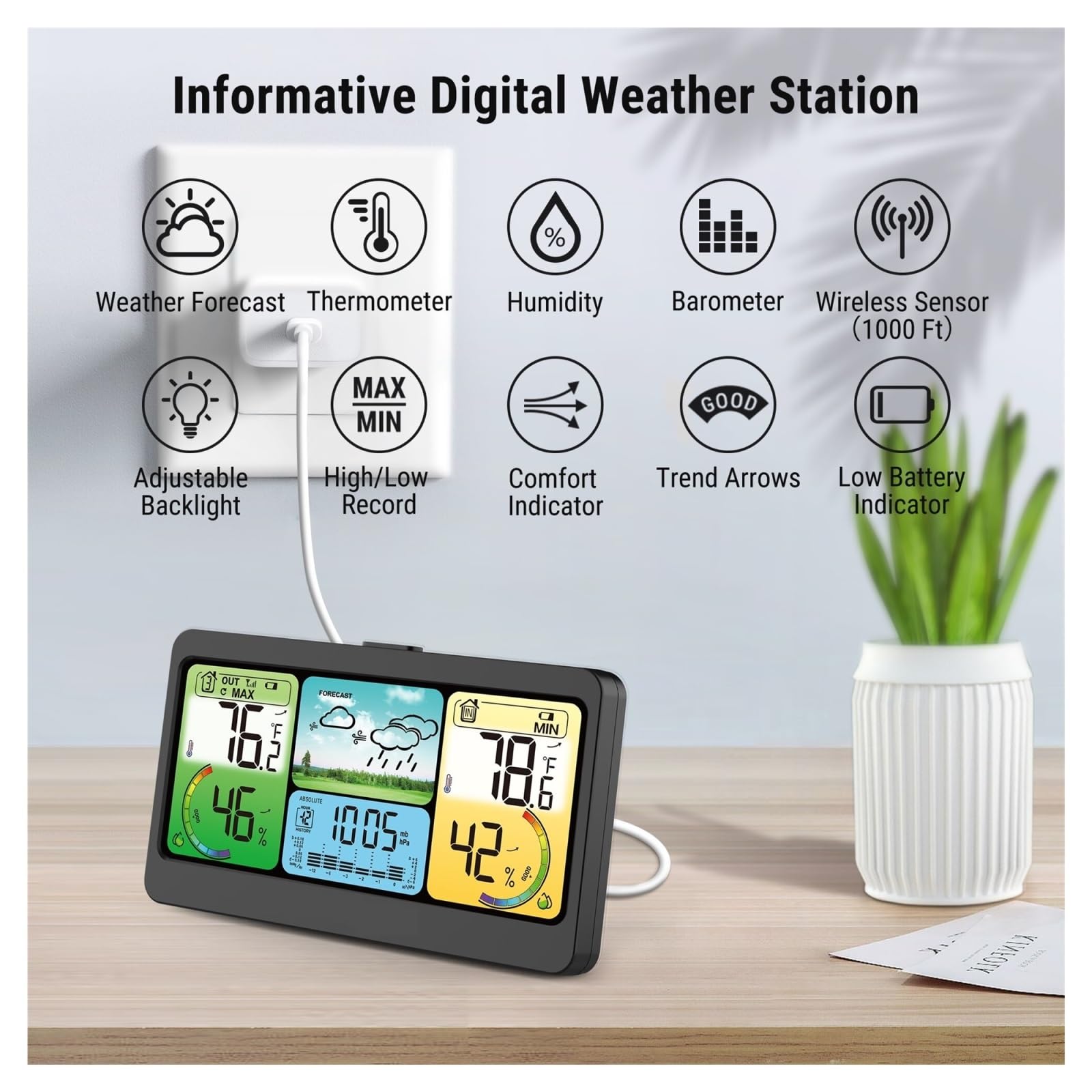 TP280C Termometro Igrometro For Interni Ed Esterni, Ricaricabile, Con Raggio Remoto Wireless Da 300 M, Ampio Display Preciso Veloce Monitoraggio In Tempo Reale