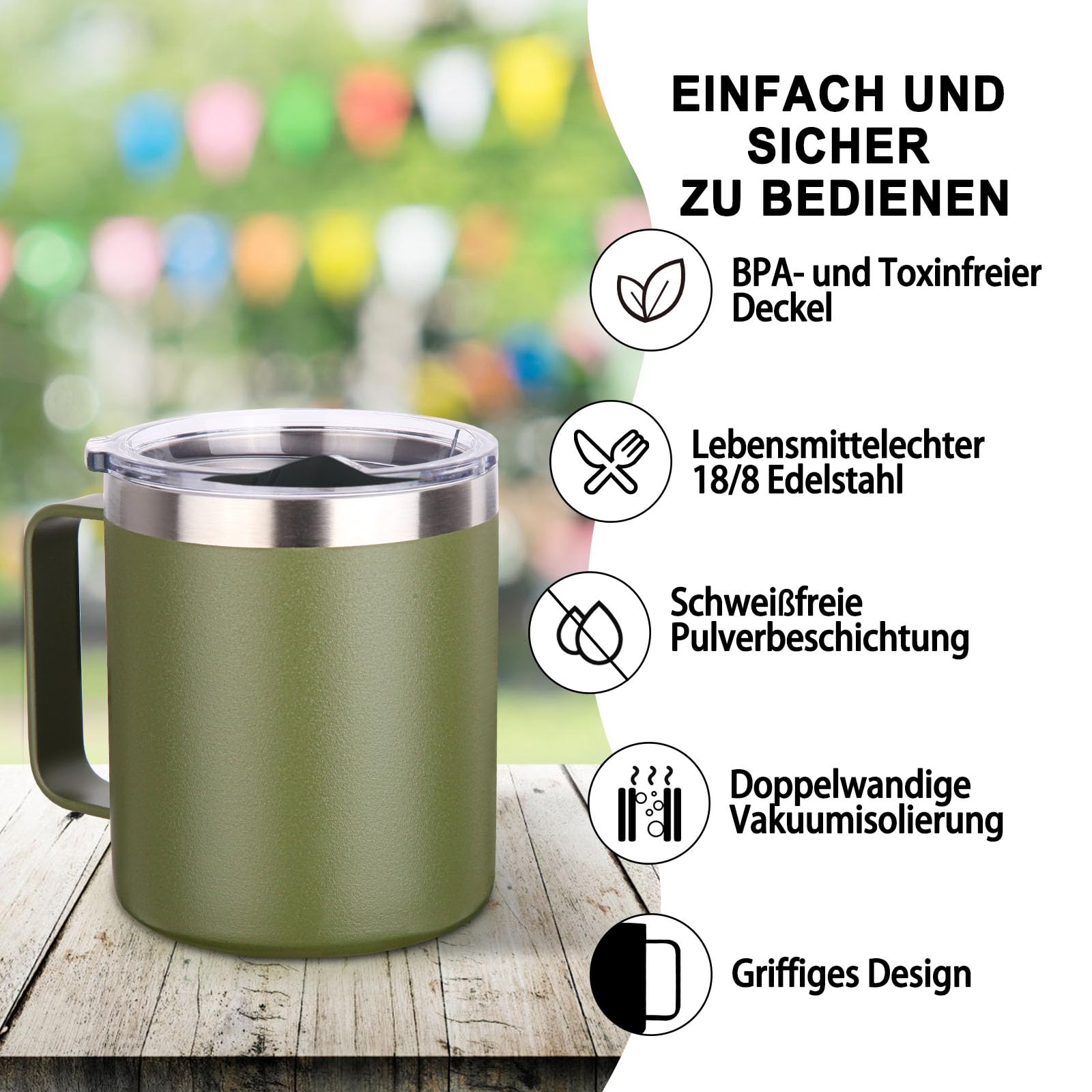 Volhoply 420ml Kaffee-Thermobecher, doppelwandiger Vakuum-isolierter Edelstahlbecher mit Griff, lebensmittelechter 18/8-Edelstahl, hält Getränke heiß und kalt für Camping, Büro (Mehrfarbig, 4er-Set)