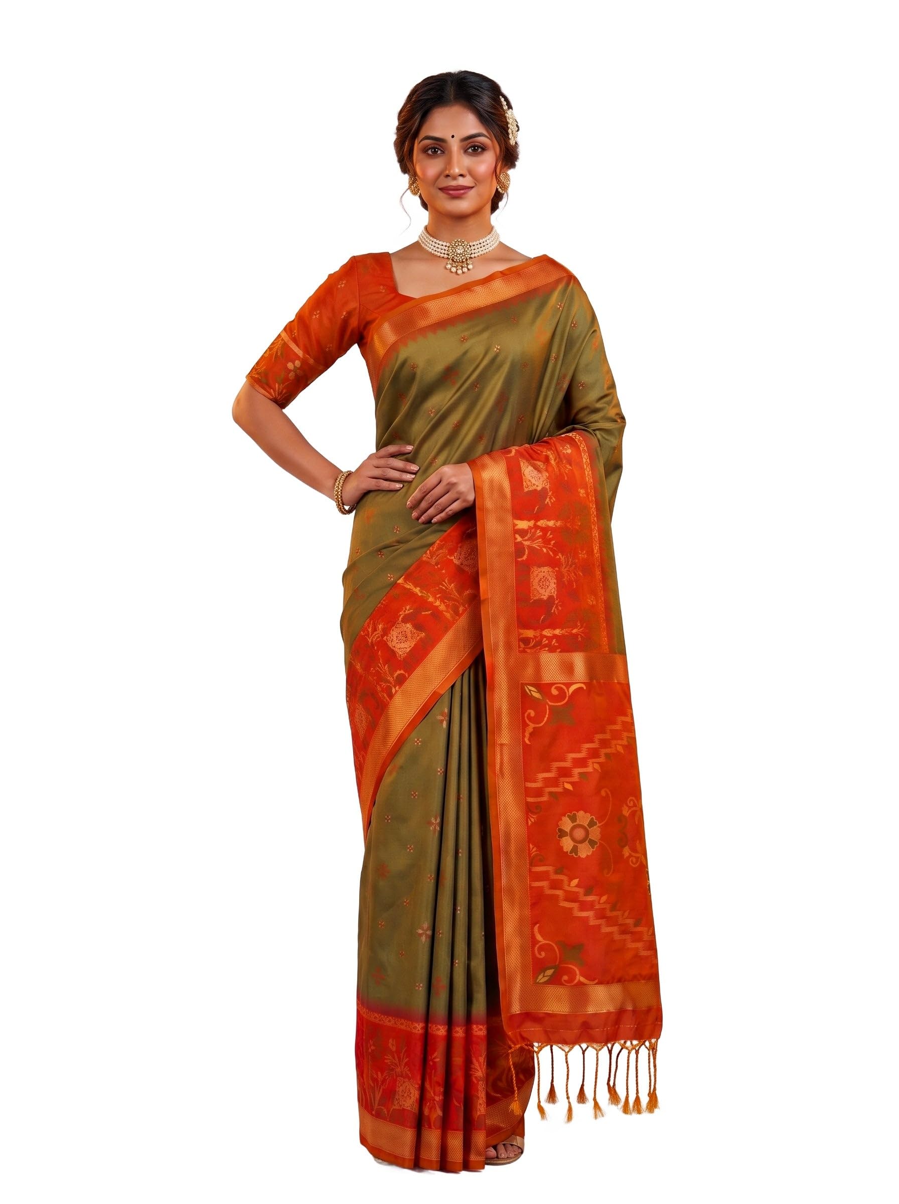 Women's Chiku Art Silk Pochampally Saree (Unstitched Blouse) | Zari Woven | 6.2 Mtrs-image-44