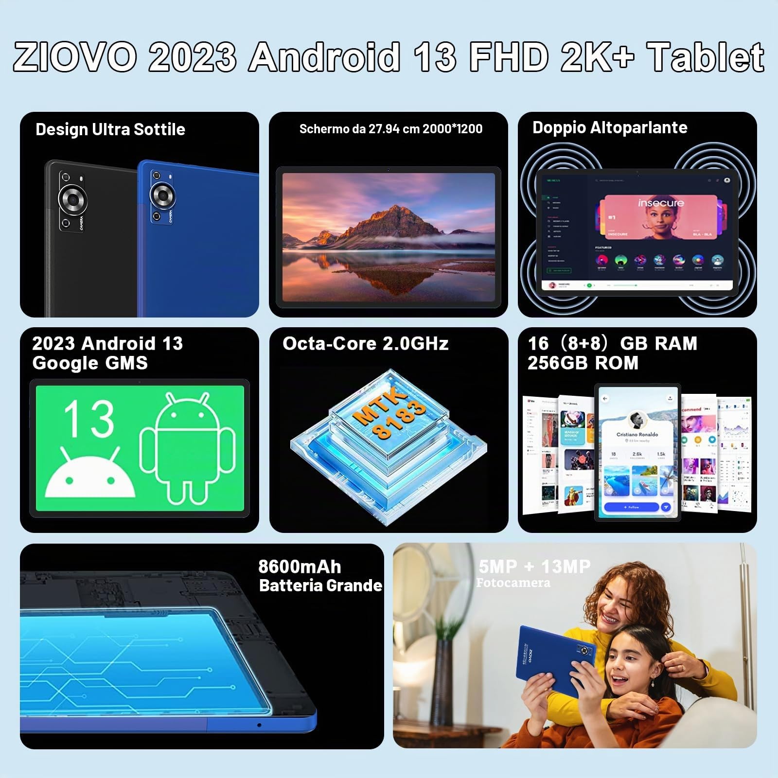ZIOVO Tablet 11 Pollici Android 13 Tablet PC,16GB RAM+256GB ROM/TF 1TB, Octa Cores 2.0Ghz Tablets, 5G WiFi/Corpo in Metallo/8600mAh/ 2000 * 1200 FHD IPS/13+5MP/GMS/BT5.0/GPS, Tablet con Caso-Blu