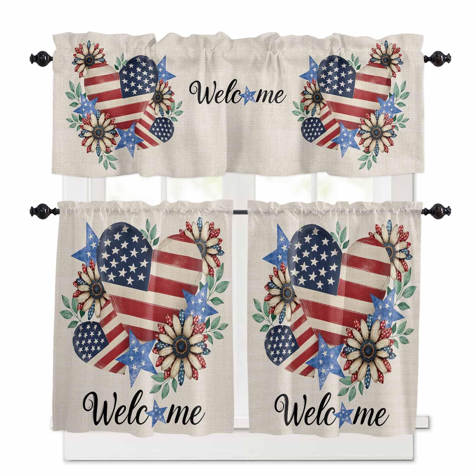 4th of July Kitchen Curtains 24 Inch Length,3 Piece Rod Pocket Small Half Tiers and Valance Set,Red Striped Red Love Heart Navy Independence Day Small Large Window Treatment Decor for Bathroom