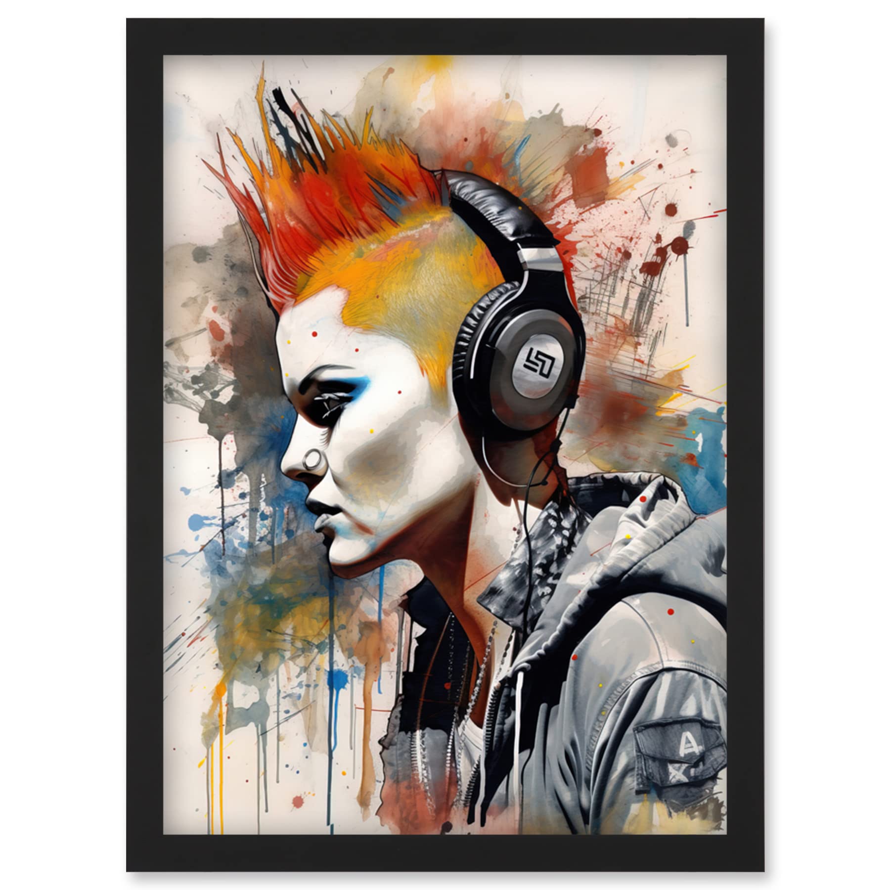 Artery8 Edgy Young Punk Woman with Red Mohawk and Headphones Listening to Music Modern Watercolour Painting Artwork Framed Wall Art Print A4