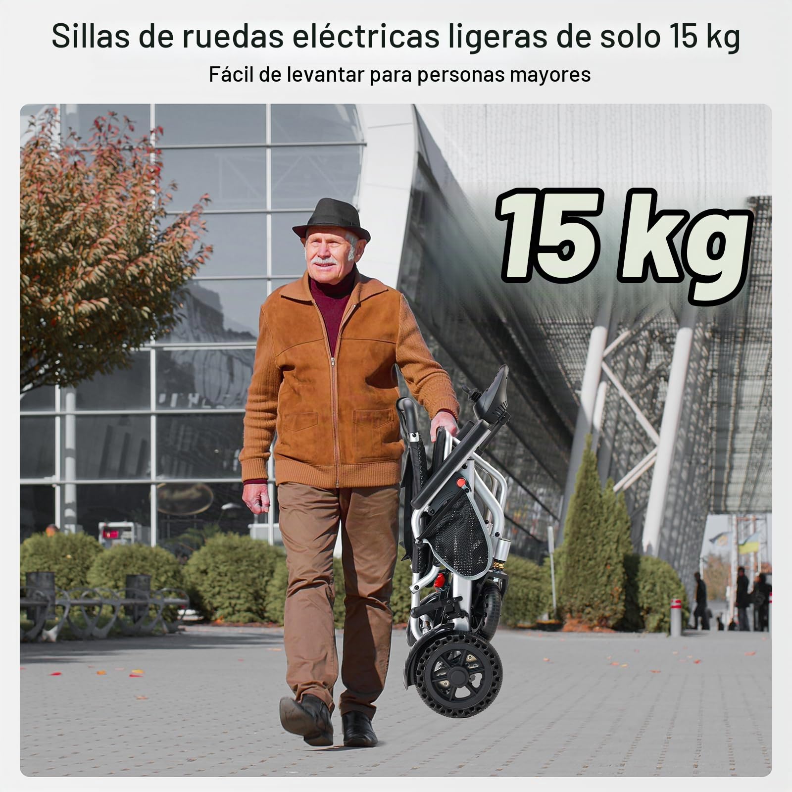 Sillas de Ruedas Eléctricas Ligeras de 15 KG para Adultos — Soporta hasta 150 KG, Autonomía de 24 KM y Apta para Viajes en Avión — Motor de 360 W para Uso en el Hogar, Exteriores y Viajes, Plata