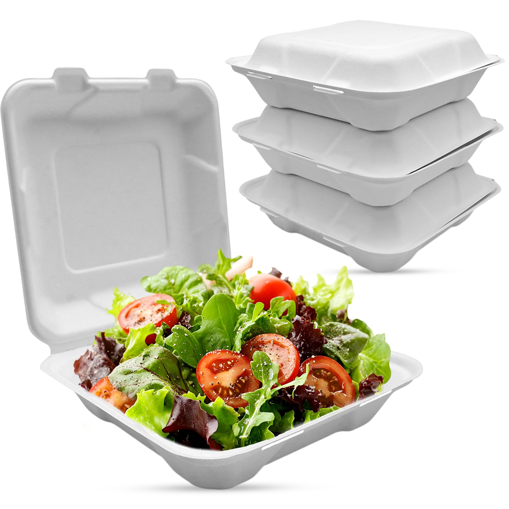 Chef Royale White 50X 9 Inch Bagasse Meal Box Clamshell Takeaway Container Clean - Food Box For Takeaway Restaurant - Food Container, Heavy Duty To Go Box (50)