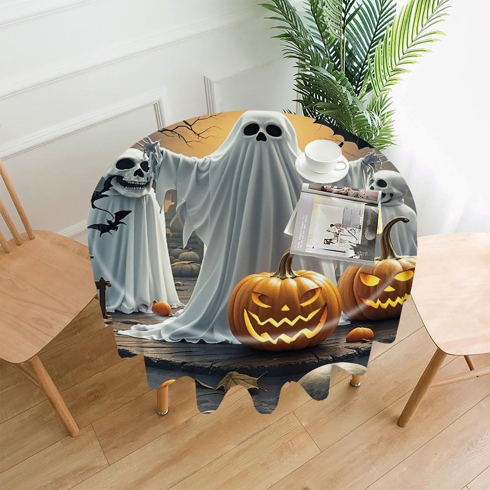 FekiLoot Pumpkin Lantern Ghost Tablecloth Decorative Round Table Cloth Wrinkle Resistant Washable Circle Table Cover Round Tablecloth for Picnic Party Camping Dining 60 Inch