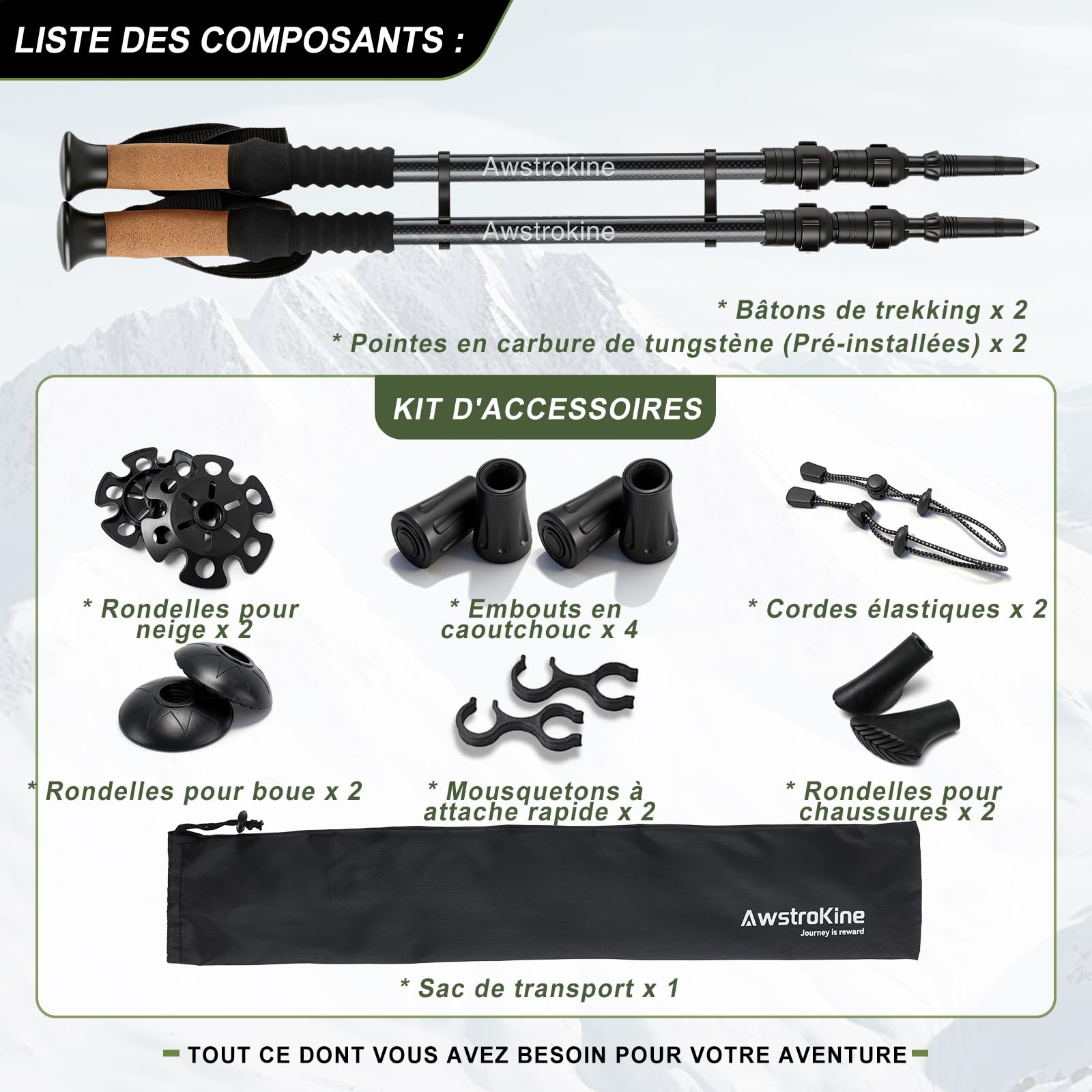 Lot de 2 Bâtons de Randonnée 100% Fibre de Carbone - Trekking Ultra Légers et Robustes avec Fermeture Rapide - Accessoires Tout-Terrain pour Hommes et Femmes