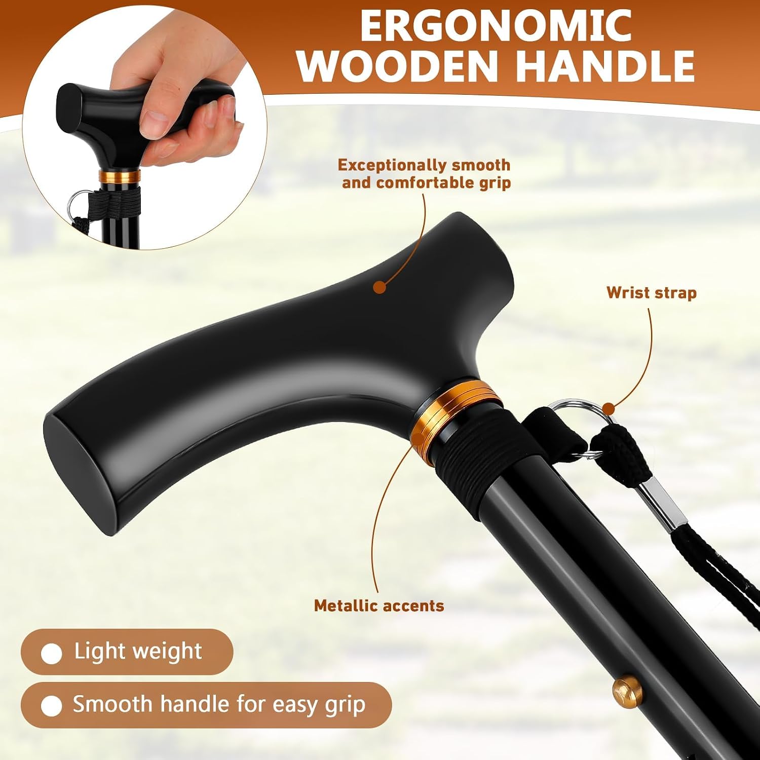 Walking Cane with Wooden Handle, All Terrain Tip Foldable, Adjustable, Collapsible Walking Collapsible Stick for Men & Ladies