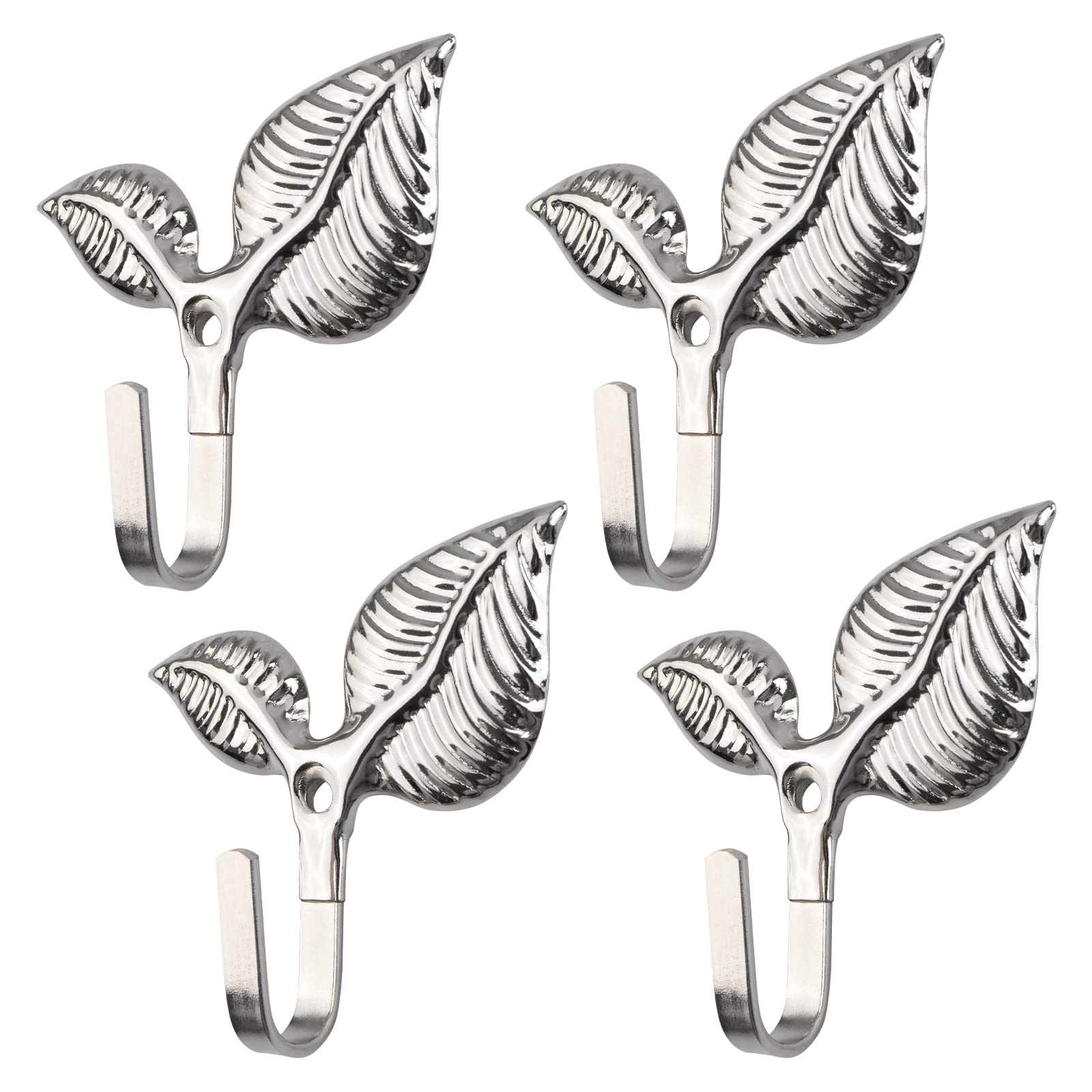 Morobor Bright Silver Curtain Tieback Hooks, 4Pcs Retro Style Vintage Leaf-Shape Curtain Holdbacks Hooks Wall Mounted Drapery Tieback Door Towel Cloth Coat Hook Hanger/Silver
