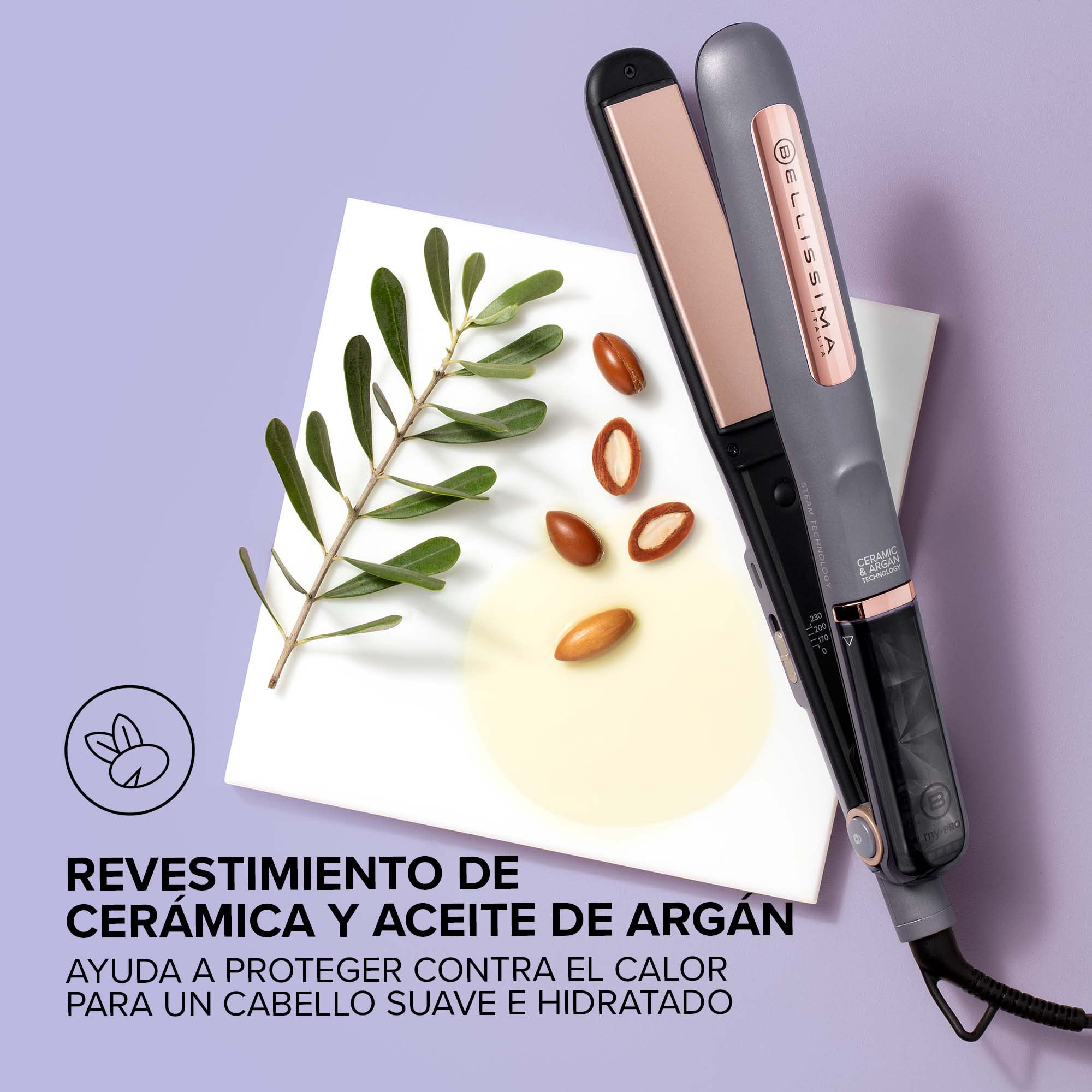 Bellissima Plancha de Vapor Steam Ceramic & Argan Oil, 3 Niveles, Calentamiento Rápido, Placas Básculantes