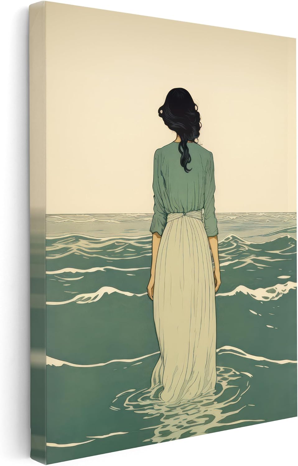 Poster Master Woman At Sea Canvas - Retro Lady In Green Print - Meditation Art - Modern Chic Boho Design - Girly & Woman Art - Ocean or Beach House Coastal Wall Decor - 8x10 STRETCHED Canvas
