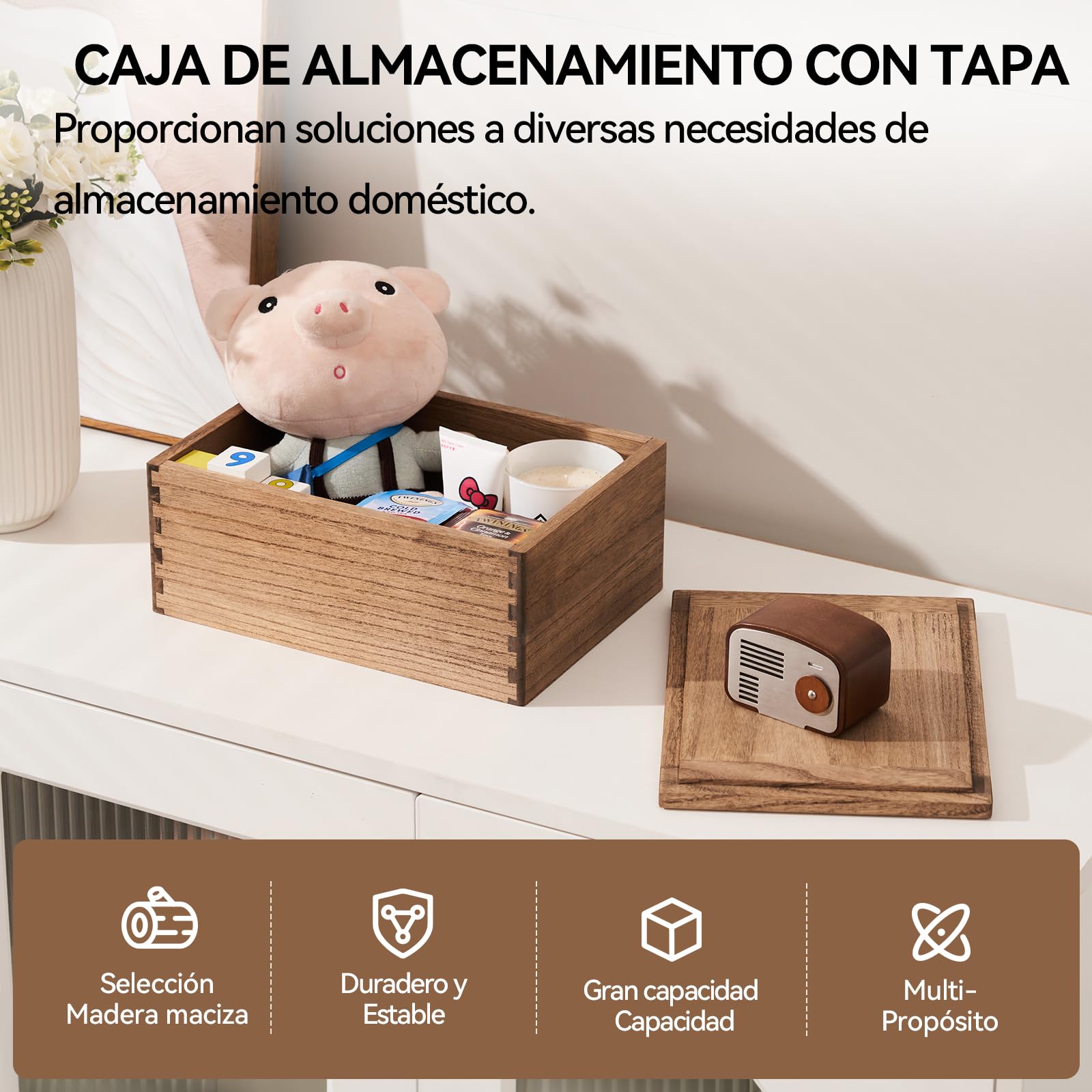 KIRIGEN Caja de Madera con Tapa, Caja de Almacenamiento, Marrón oscuro | Tapa plana extraíble; paulownia maciza; montada; uniones de espiga y mortaja; aceite vegetal; 28 × 20 × 12 cm