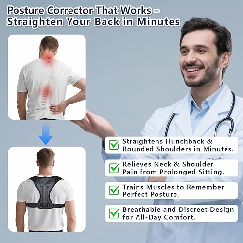 Miniatura 6 de Corrector de postura para mujeres y hombres, soporte ajustable para la parte superior de la espalda con almohadillas antirozaduras para alivio del
