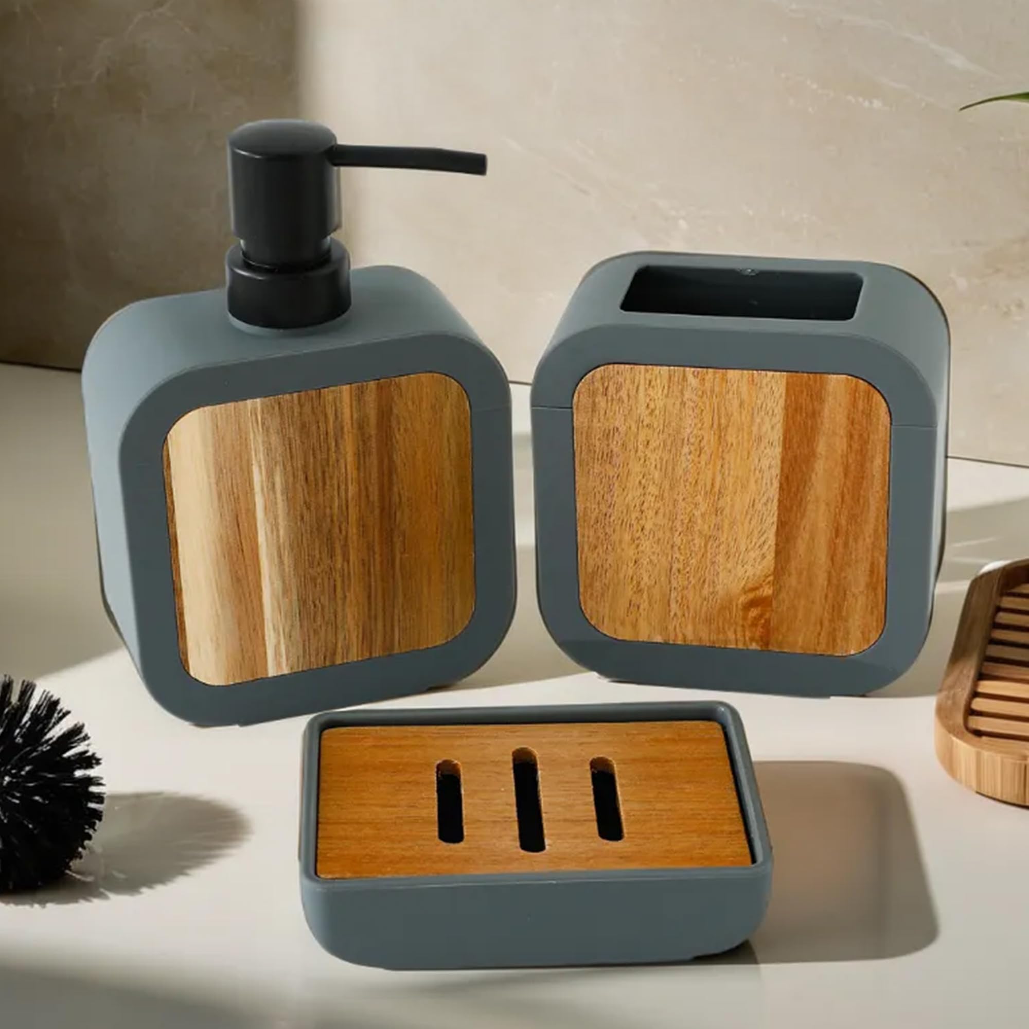 UMAI 3Pcs ABS Bathroom Accessories Set | Soap Dispenser for Bathroom(380ml), Toothbrush Holder & Soap Holder for Bathroom | Handwash Dispenser | Soap Case for Bathroom | Bathroom Organiser- Grey (B0DF1TT7G5) Amazon Price History, Amazon Price Tracker