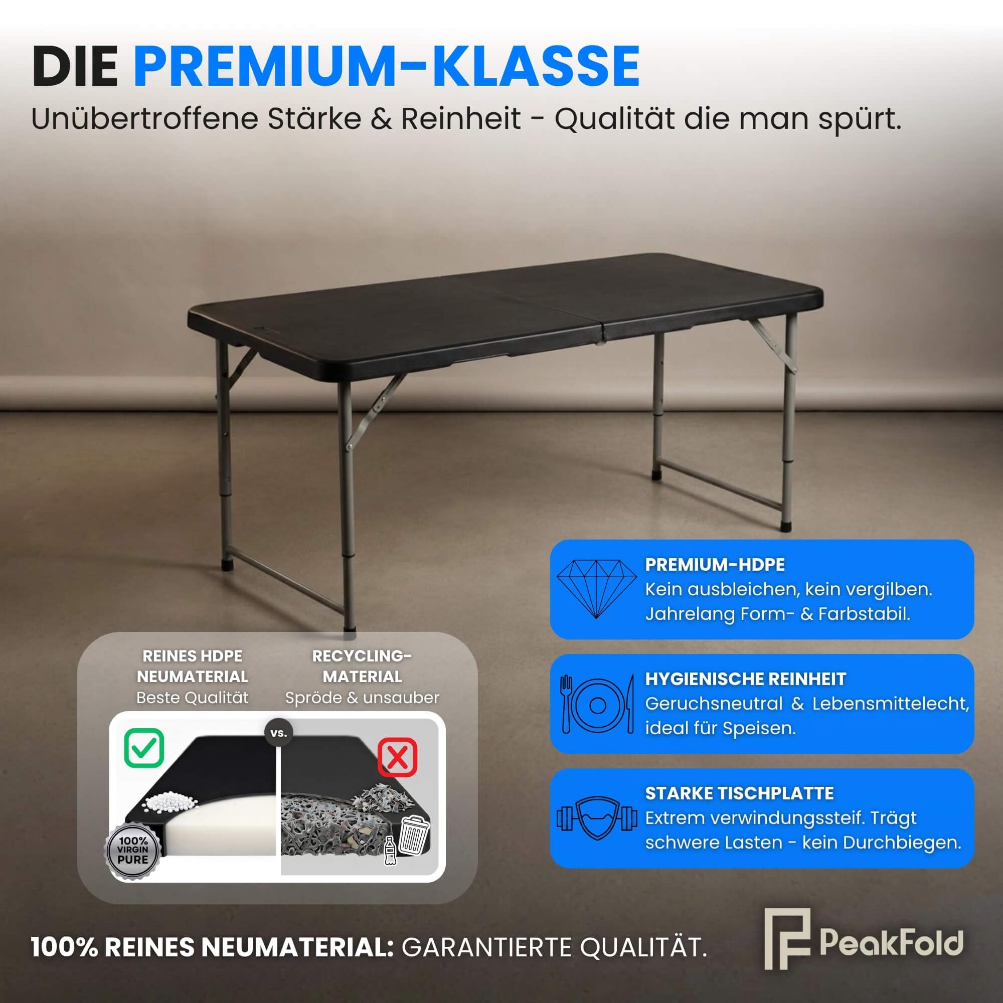 Klapptisch Campingtisch Wetterfest Garten 122cm Höhenverstellbar Klappbar Gartentisch Buffettisch Tragbar Faltbar Schwarz Tragegriff Haken