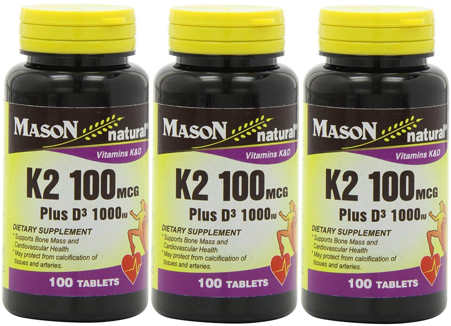 Mason Natural Vitamin K2 100 mcg Plus D3 1000 IU Tablets 100 Count per Bottle Pack of 6 Total 600 Tablets