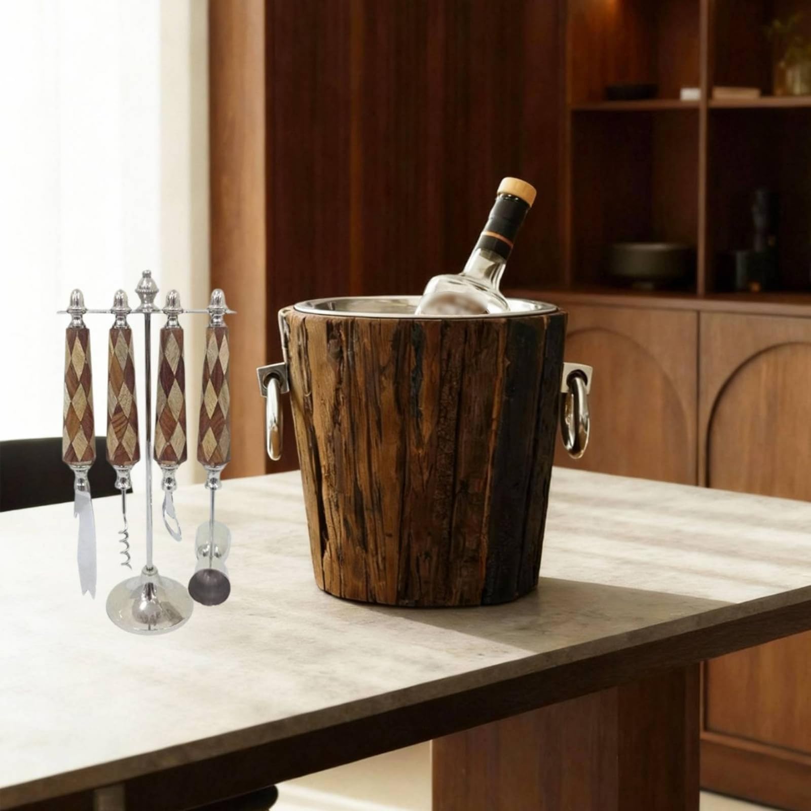 Qianly Juego Bar con Soporte Compacto Set Coctelería con Soporte Coctelera para Bnrs, 14 9 30cm, Juego De Bar De Rombos Marrones