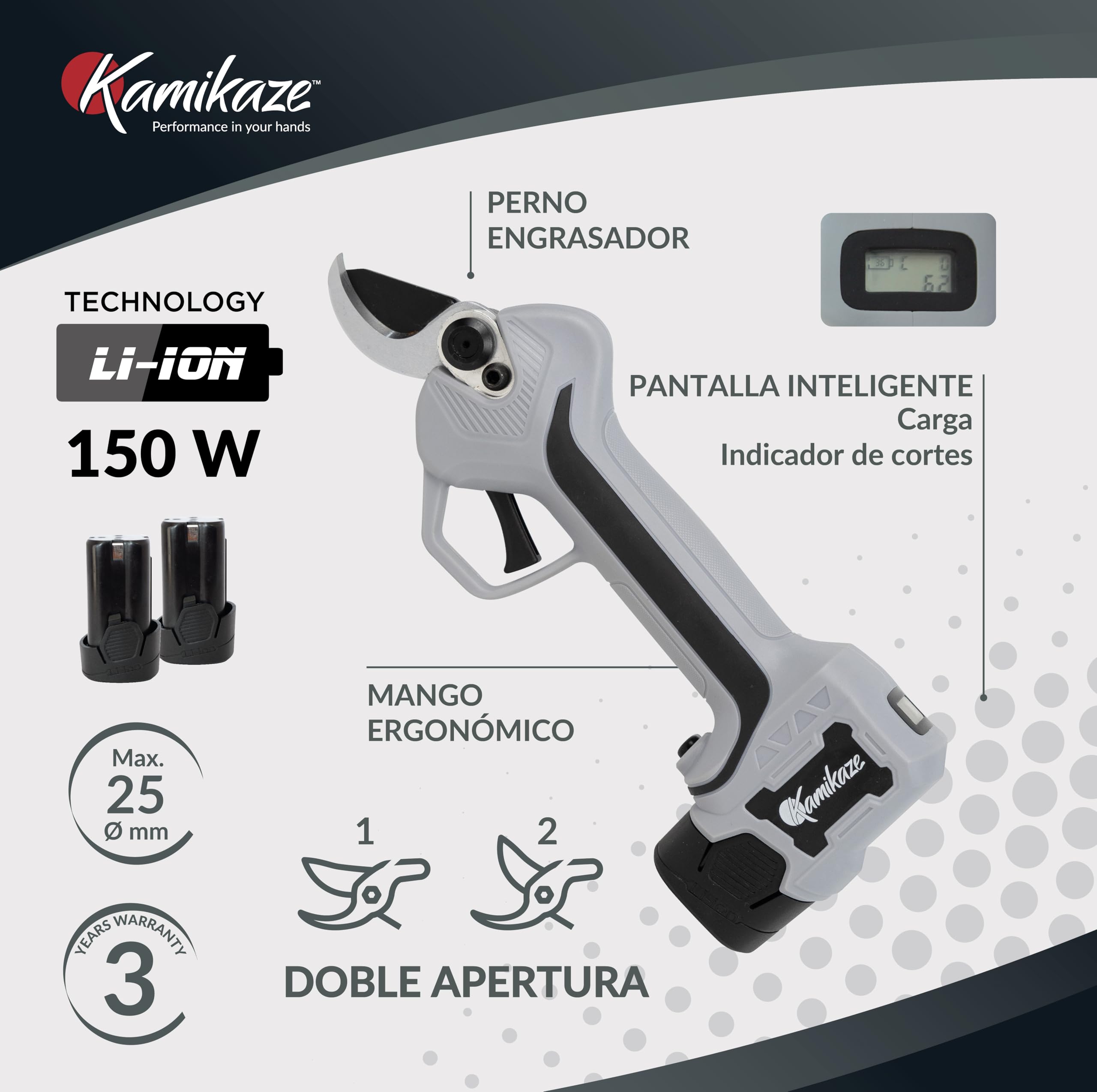 KAMIKAZE KV295 Tijera de Poda Eléctrica Profesional para Viña y Árboles Frutales, Corte 25 mm, 14,4V, 2,5Ah, Autonomía 6 Horas