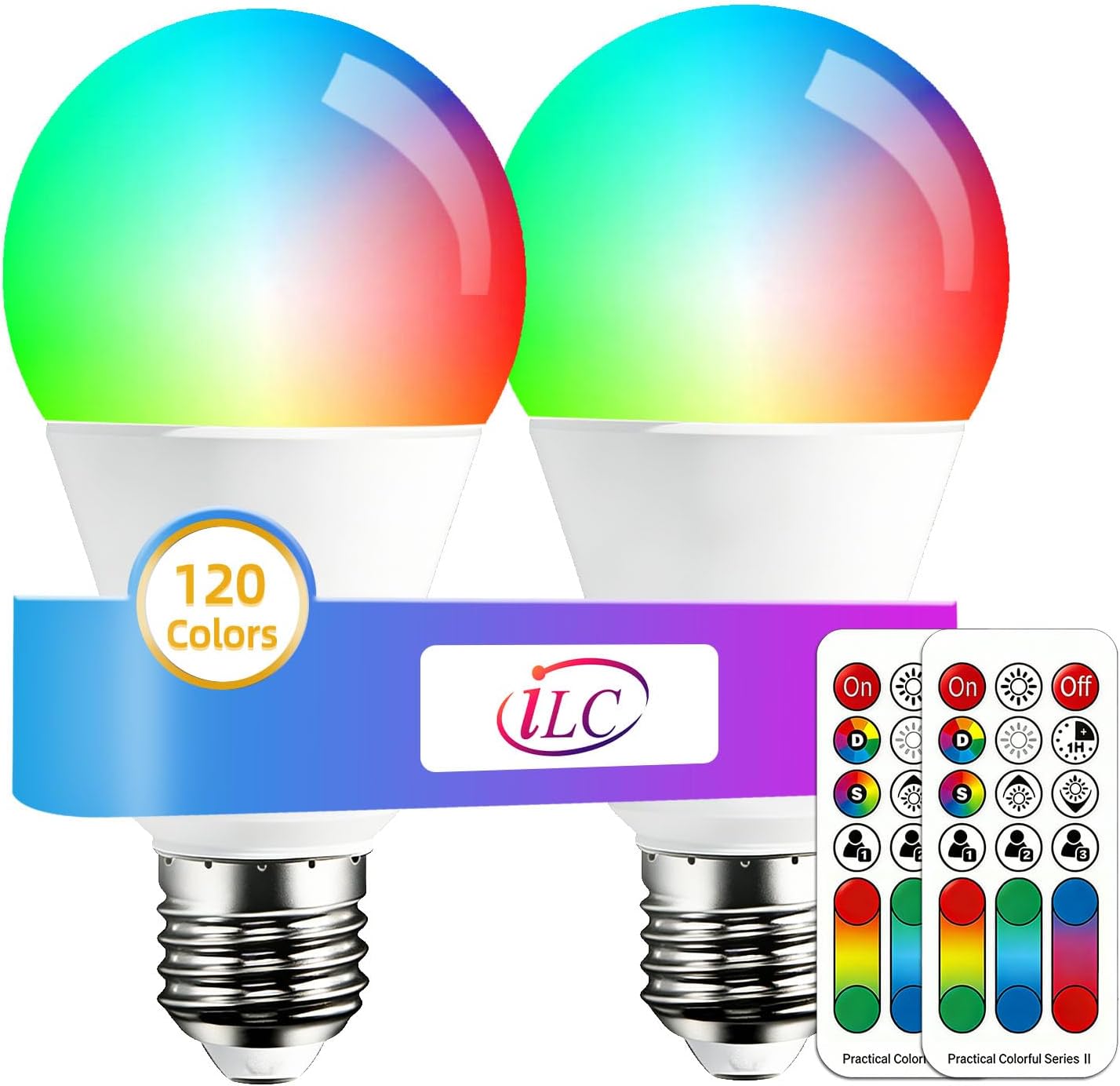 ILC Color Changing LED Light Bulb, 120 Colors, 2700K Warm White, 70 Watt Equivalent, DIY Strobe, RGB with Remote Control, LED 10W A19 E26 Screw (Pack of 2)