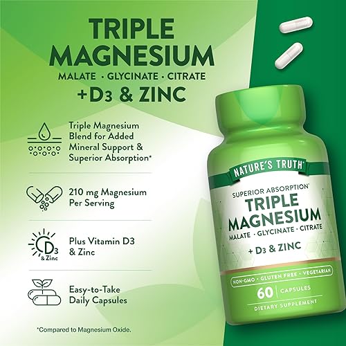 Vista 5 de Nature's Truth Triple Magnesium Complex Supplement 60 Capsules Glycinate, Citrate & Malate with D3 & Zinc Vegetarian, Non-GMO, & Gluten Free