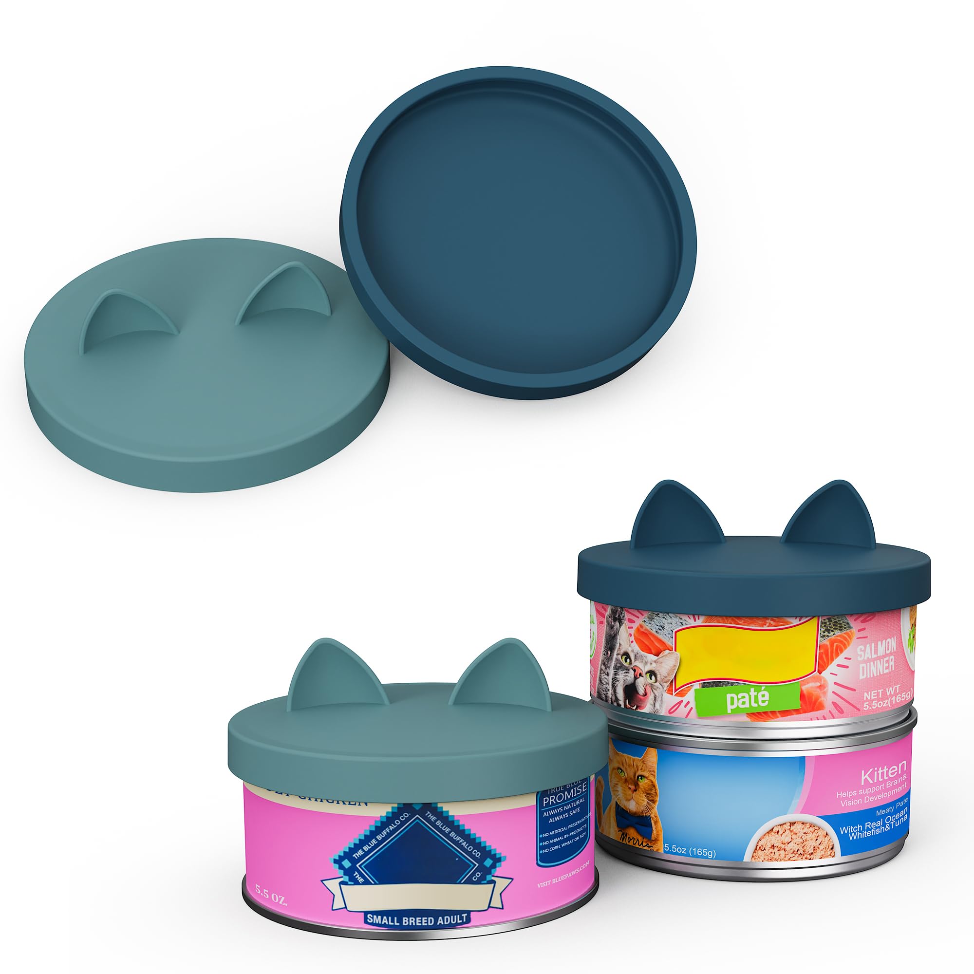 OHMO 2 Pack Pet Food Can Lids, (3.3 in / 85mm) Silicone Pet Food Can Lids Covers for 5.5 oz Cat and Dog Food Cans, Dark&Light Blue
