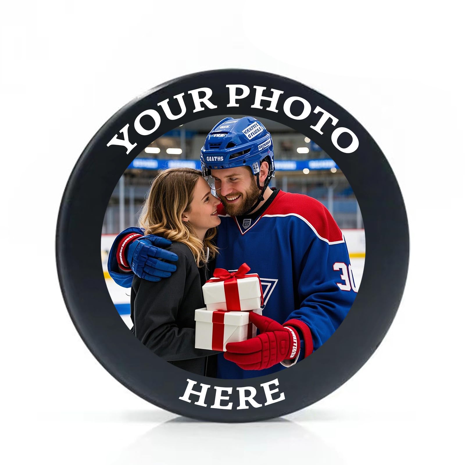 Hockey Puck Personnalisé avec Photo et Logo - Cadeau pour Fans Hommes Garçons Papa Entraîneur