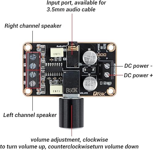 Miniatura 2 de Amplificador de audio de la marca DROK, súperpequeño, de 3 W + 3 W, CC 5 V, panel de amplificador de potencia digital, doble canal. Amplificadores