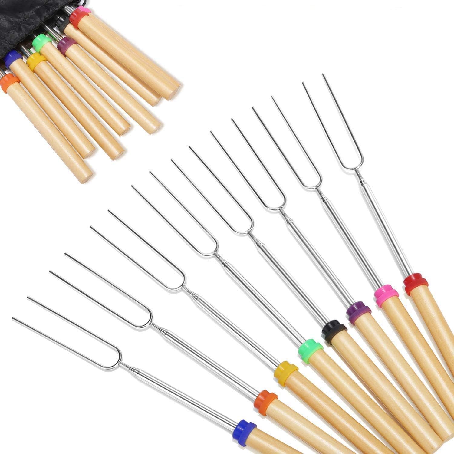 BININBOX Marshmallow Roasting Sticks, 8 Pack Roasting Sticks with Wooden Handle 32 Inch Extendable BBQ Forks Telescoping Smores Sticks for Fire Pit, Campfire