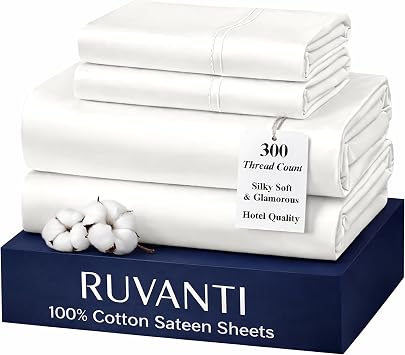 RUVANTI 100% Cotton Sheets Full Size Bed Set - 300 Thread Count Silky Soft Sateen Weave, Cooling, Lightweight & Breathable, 16" Deep Pocket, Durable & Luxury Satin-Like, 4 Piece, Ivory