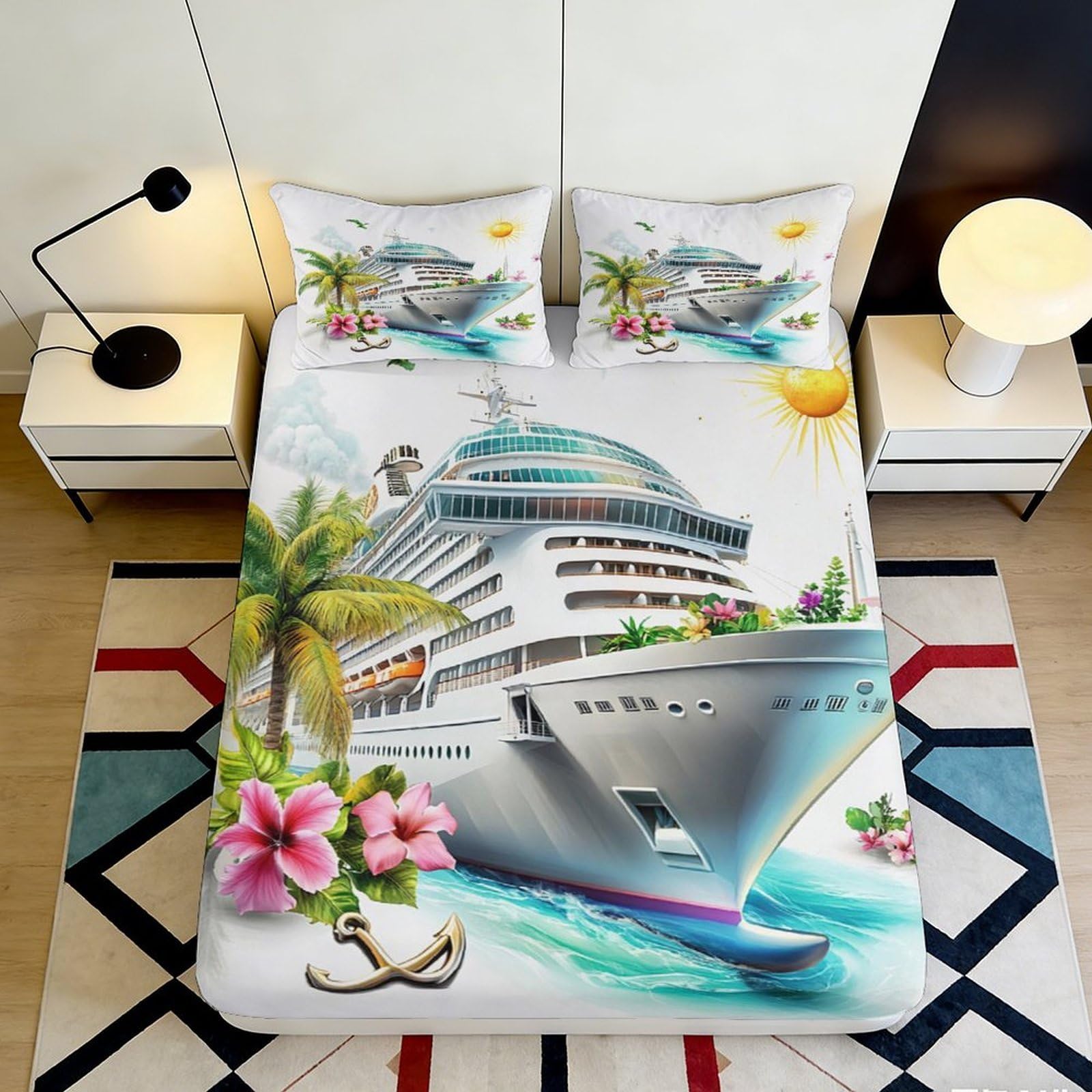 3D Printed Cruise Ship Ocean Fitted Sheet Microfiber Soft Tropical Flower Bed Cover for Bedroom Guest Room Decor 90x200x25cm