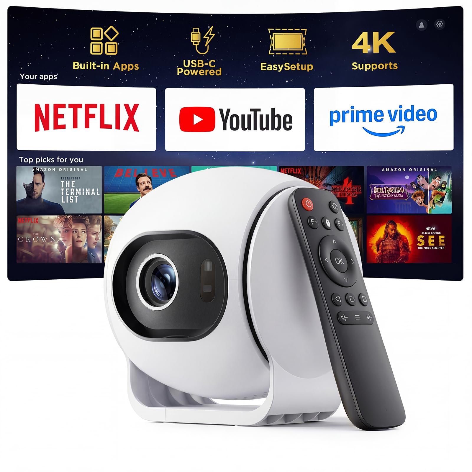 Photo 1 of [ Ultra Short Throw & Built-in Apps ] Android 14 Smart Projector with WiFi and Bluetooth, 1080P FHD HDR10, Auto Focus/Keystone, Mini Portable Projector Support Power Bank for Bedroom/Outdoor, White