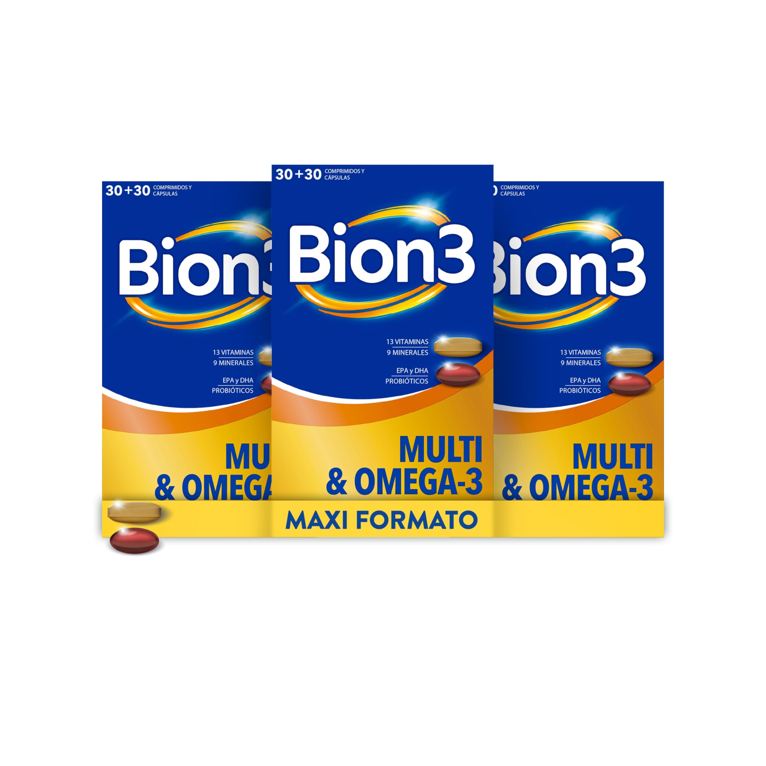 Bion3 Multi & Omega-3, Complemento Alimenticio con Vitaminas y Cápsulas de EPA y DHA para apoyar el corazón¹, cerebro² y visión³, con Probióticos