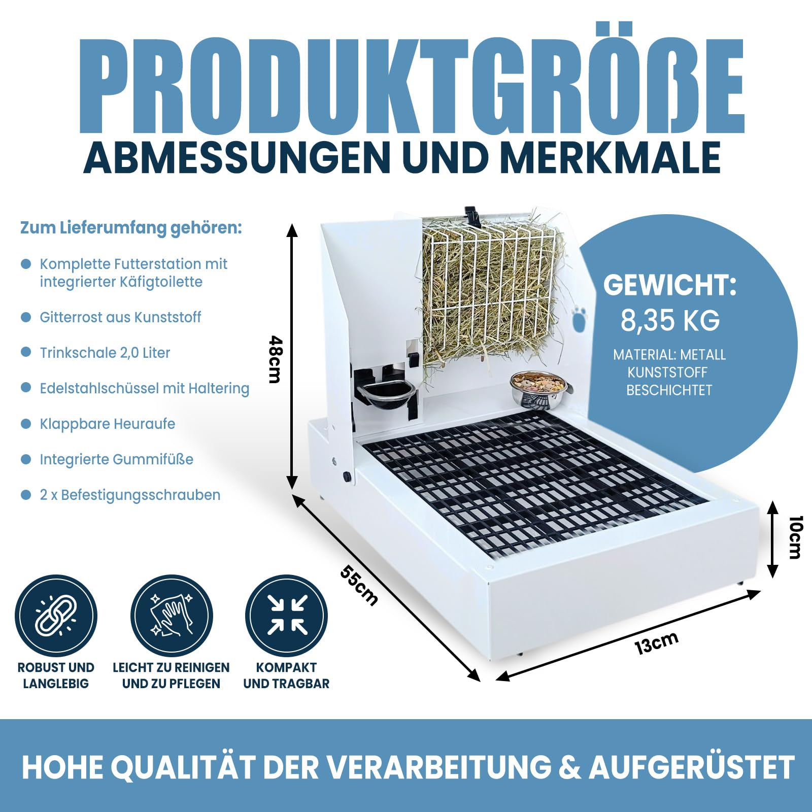 Breker Klappbare Kaninchen Toilette & Futterstation [inkl. 5L HEURAUFE, 2L TRINKFLASCHE, FUTTERNAPF] - mit rutschfesten Gummifüßen, Kotwanne & Bodenrost | 41 x 48 x 55 cm