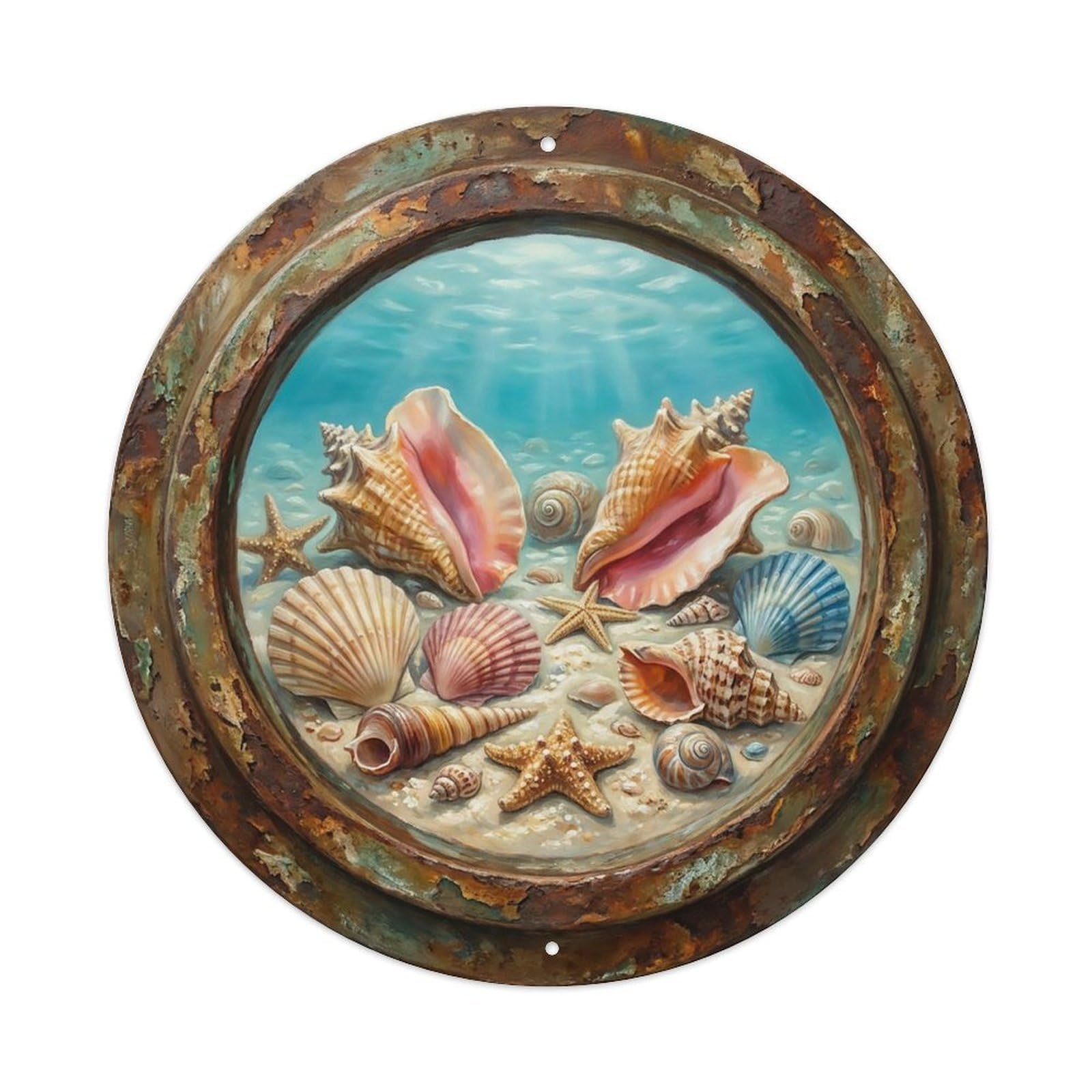 Vintage Porthole Shell Collection Ship Window Undersea Deep Sea Metal Tin Sign