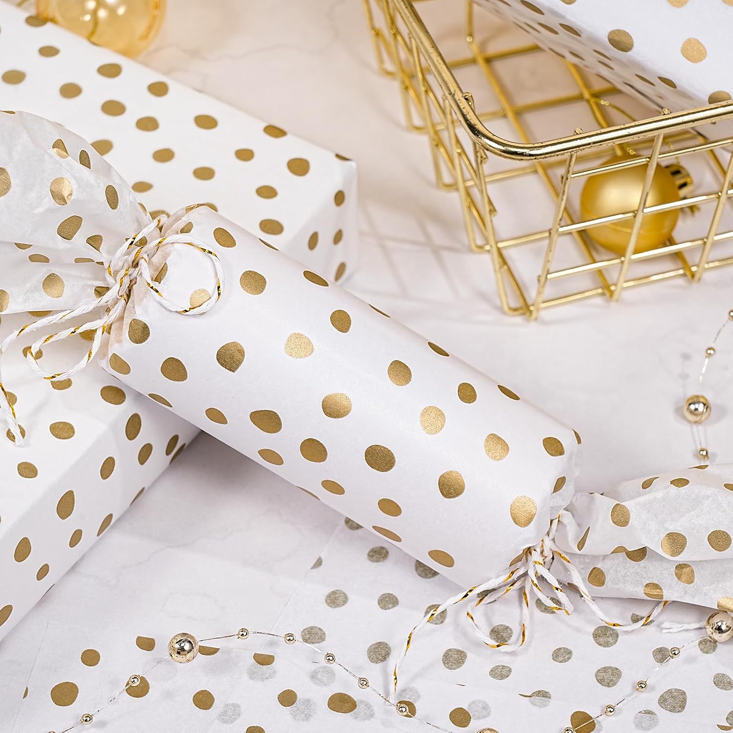 WRAPAHOLIC Polka Dots Wrapping Tissue Paper - 30 Sheets 14 x 20 Inch Gold Print Delicate Polka Dots Tissue Paper Bulk for Birthday, Christmas, Wedding, Baby Shower, Art Craft, Party Favor