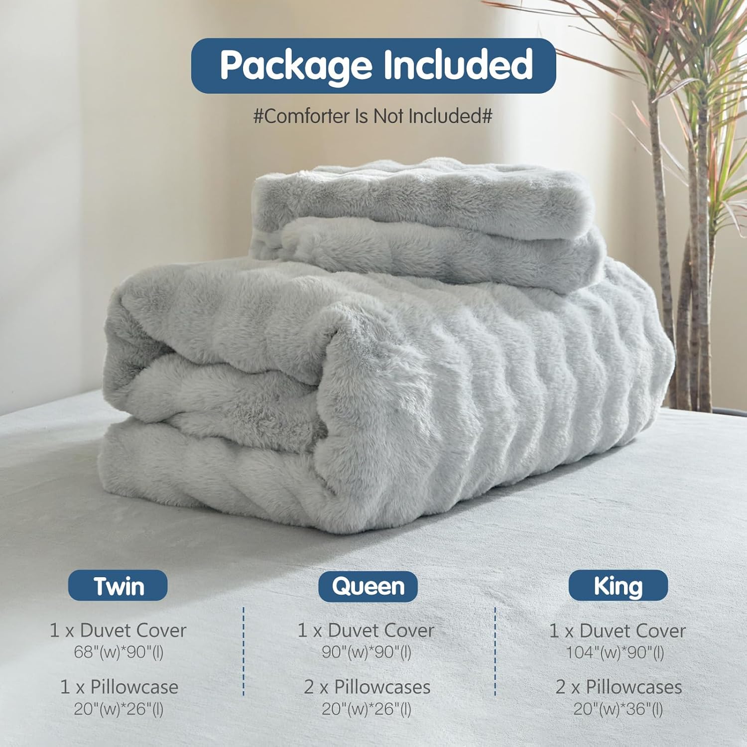 Tokokimo Fluffy Duvet Cover Set King Size, Faux Fur Duvet Cover Set Soft Reversible Bedding Set, Grey Comforter Cover with 2 Pillow Cases, All Season Fuzzy Comforter Cover Set