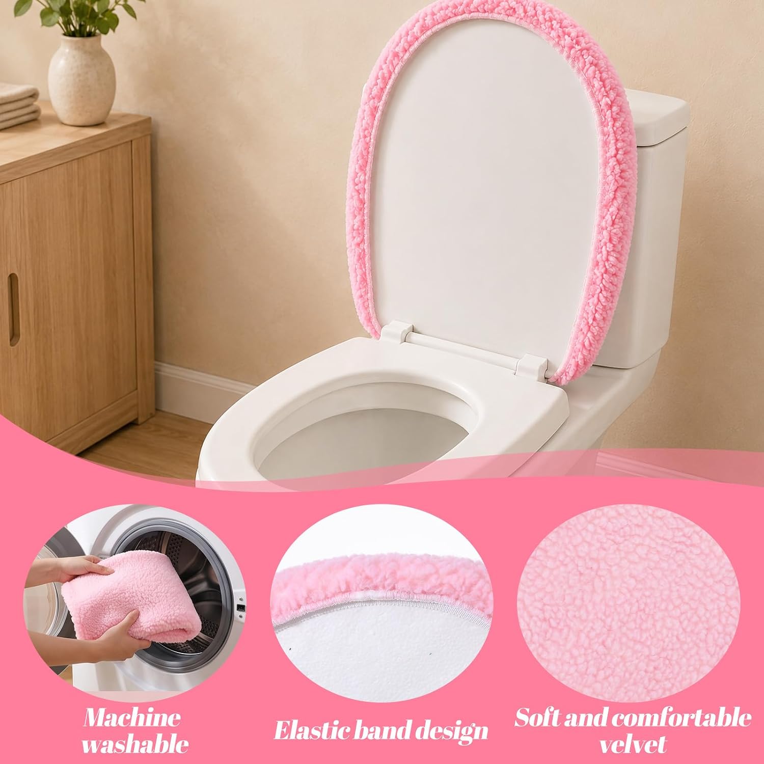 cobee Pink Toilet Lid Cover, Non-Slip Soft Toilet Seat Cover