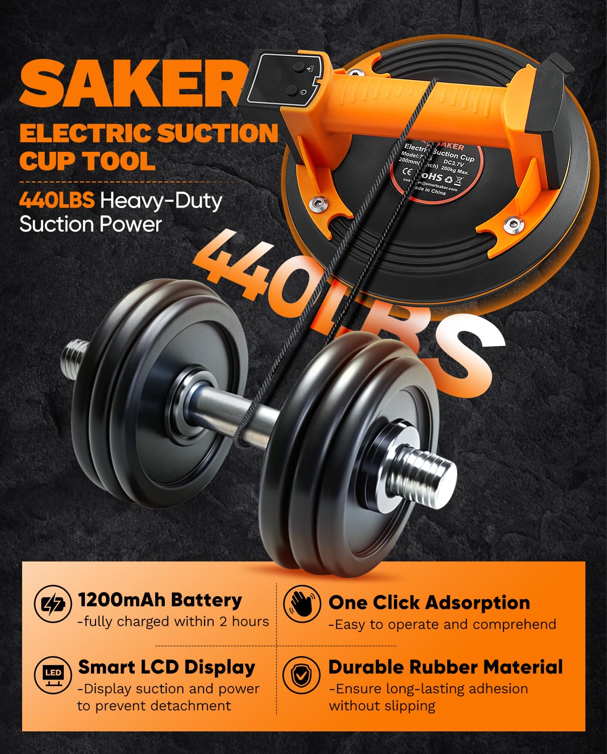 Saker Electric Suction Cup Tool - Vacuum Suction Cups to Lift Tile,Glass,Marble - 1500 mAh Built-in Rechargeable Battery - 440LBS/200 KG Max Load (2)