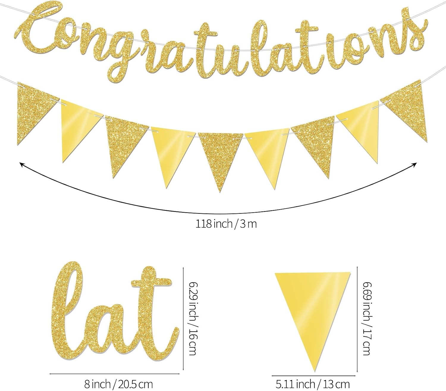 Glitter Gold Congratulations Banner with Gold Triangle Bunting Garland for Graduation, Wedding, Bridal Shower, Engagement, Retirement, Baby Shower, Birthday, Anniversary, Celebration Party Decorations, No DIY.