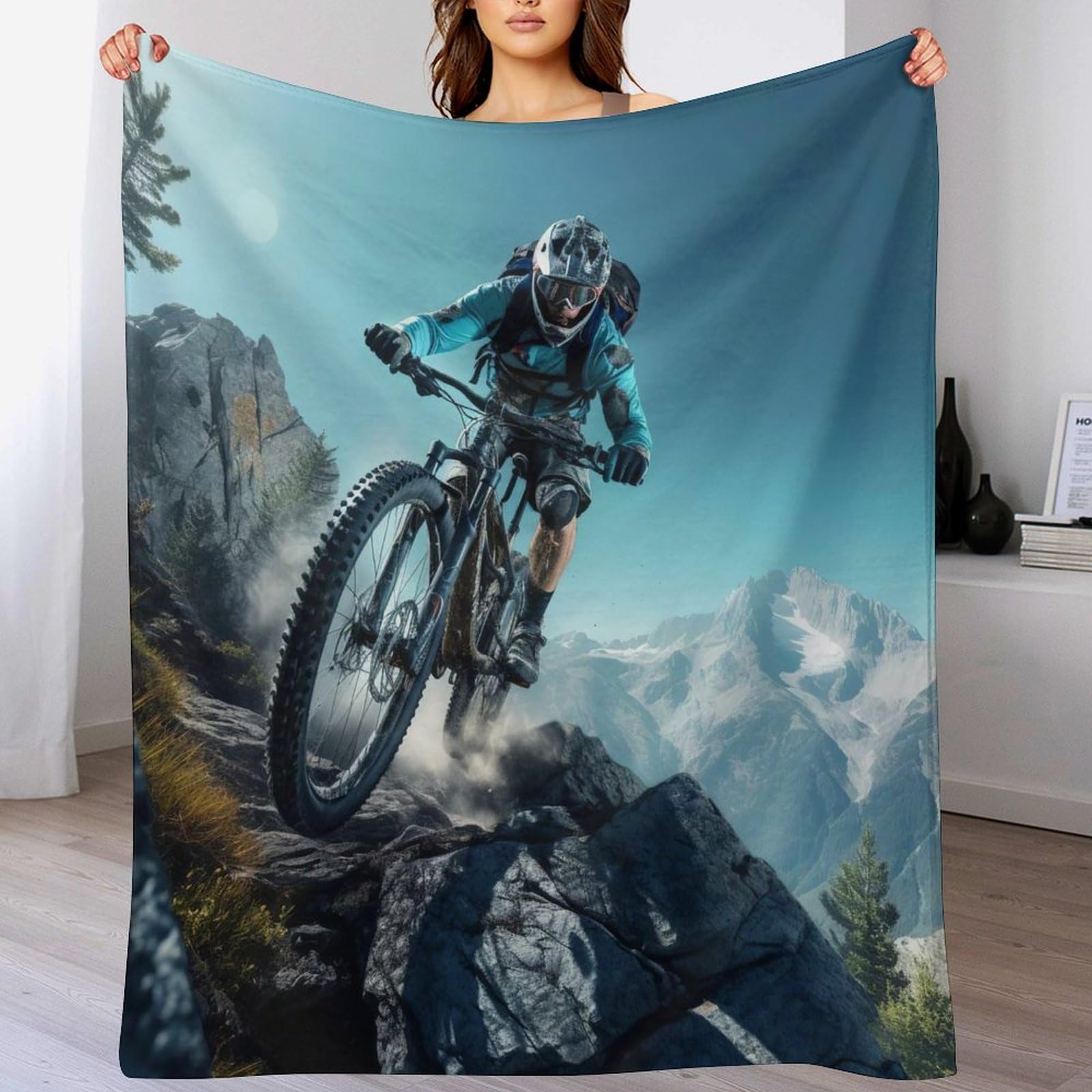 Couverture Moelleuse avec Motif De Vélo de Montagne - - Couverture Polaire Douce Flannel - Couverture De Canapé Chaude - Convient À Toutes Les Saisons （150×200cm）