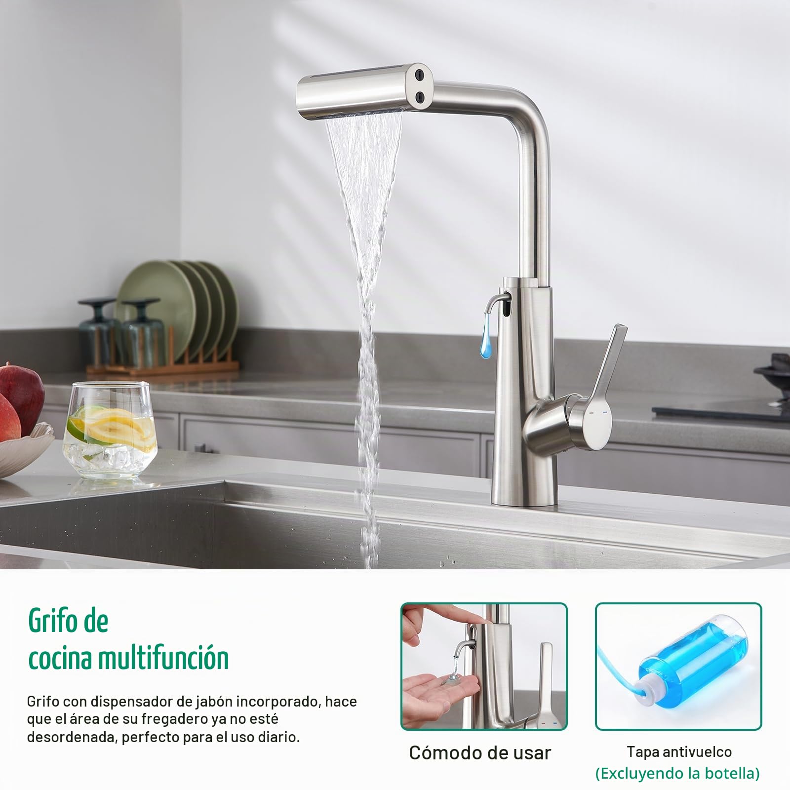 CREA Grifo de cocina Fregadero Cocina Extraíble Cascada, dispensador de jabon para fregadero, Grifo de Cocina Fregadero con Ducha de 4 Modos de Rociado Giratorio a 360°, Acero Inoxidable