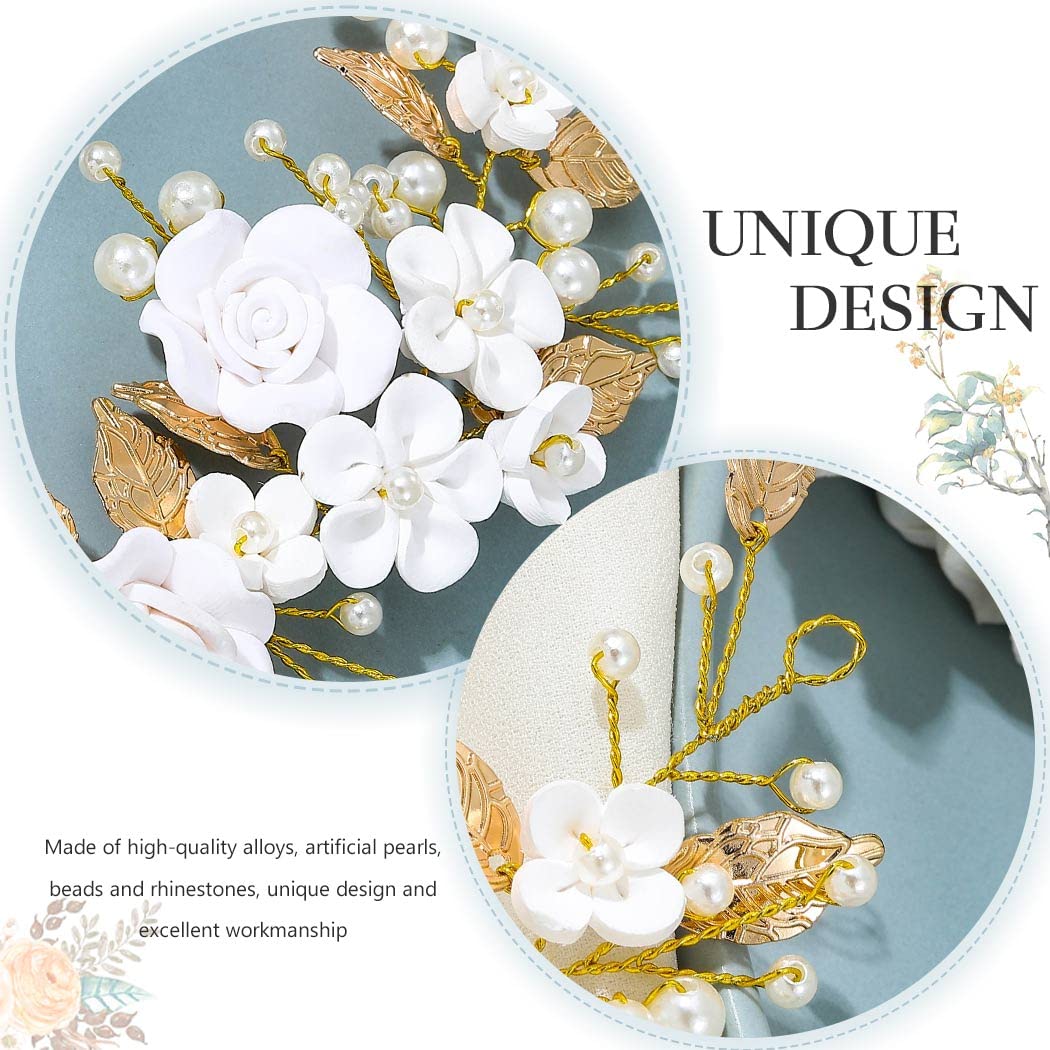 Cerchietto Sposa Floreale Catery Con Foglie Oro E Perle - Accessorio Capelli Cheongsam Per Matrimonio E Festa