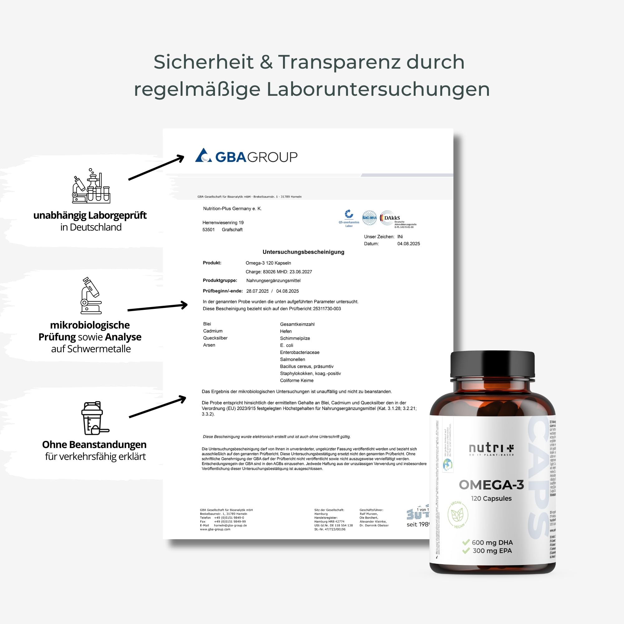 Nutri + Vegan Omega 3-120 Kapseln aus Algenöl - 2000 mg Algen Öl hochdosiert mit 600 mg DHA 300 mg EPA - hochwertig, natürlich und laborgeprüft