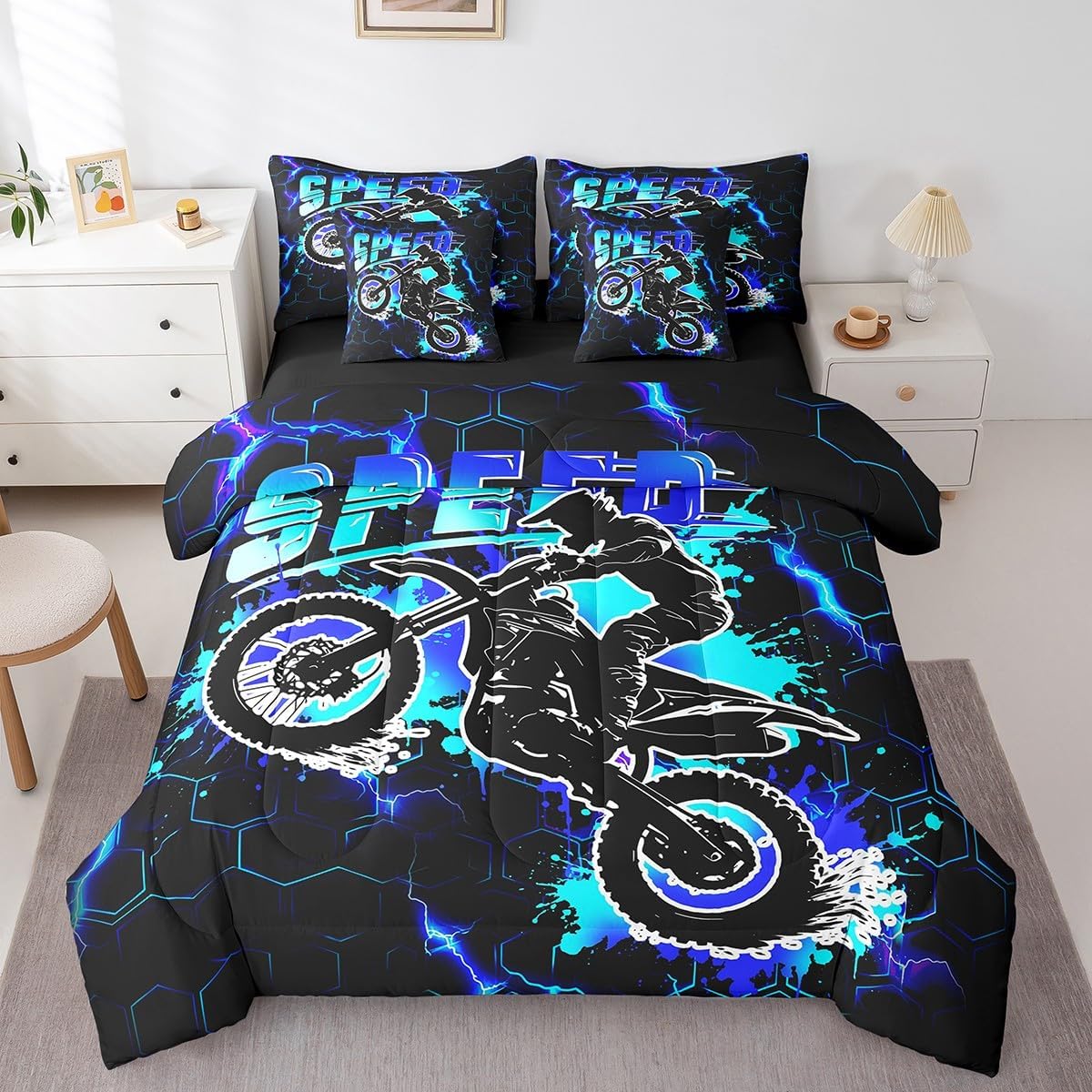 Feelyou Kids Dirt Bike 7 Pieces Bedding Set Queen Size, Extreme Sports Bed in A Bag Boys Girls Racing Motocross Comforter Set with Sheets Motorcycle Teens Bed Set Bedroom Decor 7Pcs